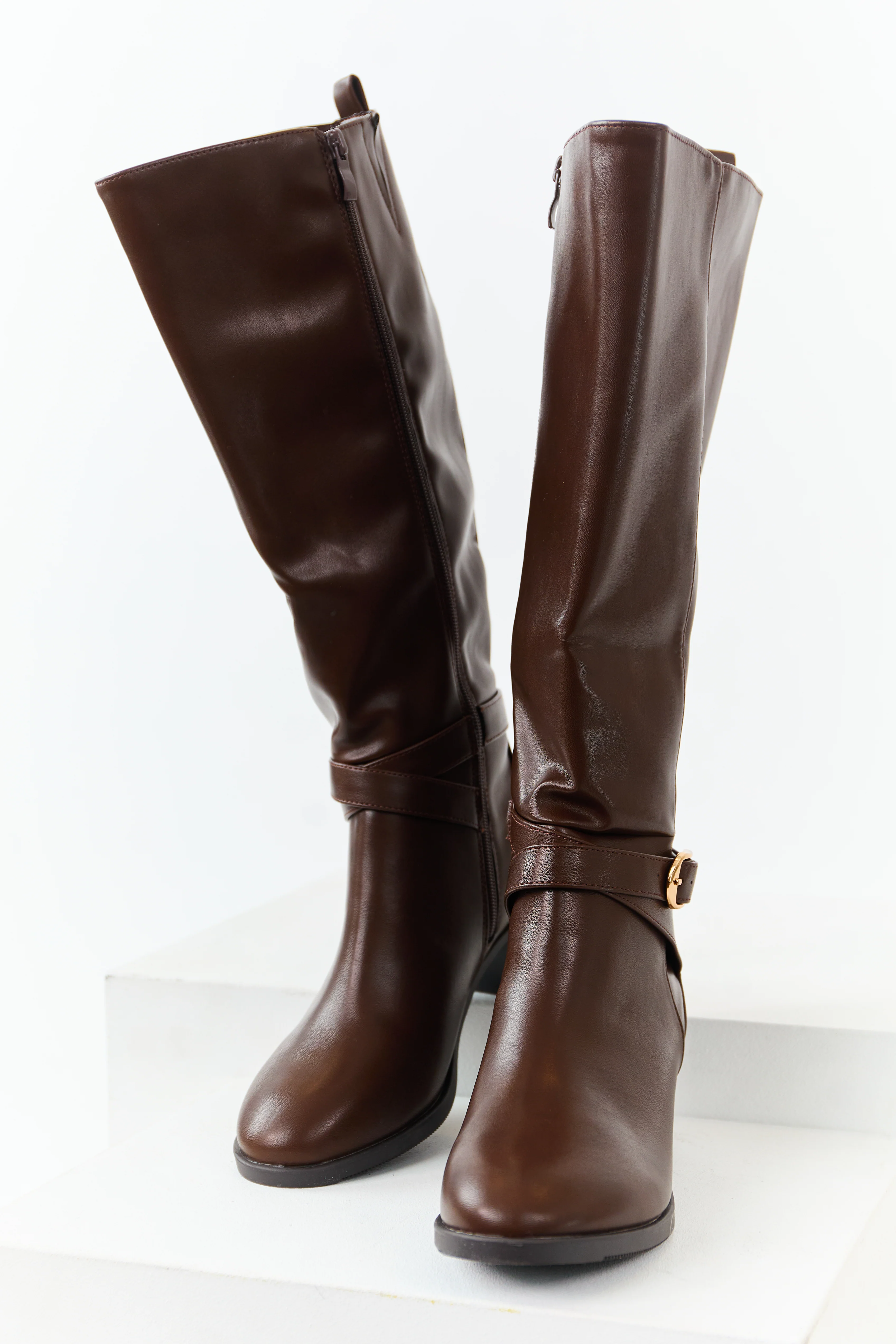 Chocolate Faux Leather Knee High Block Heel Boots - Image 2