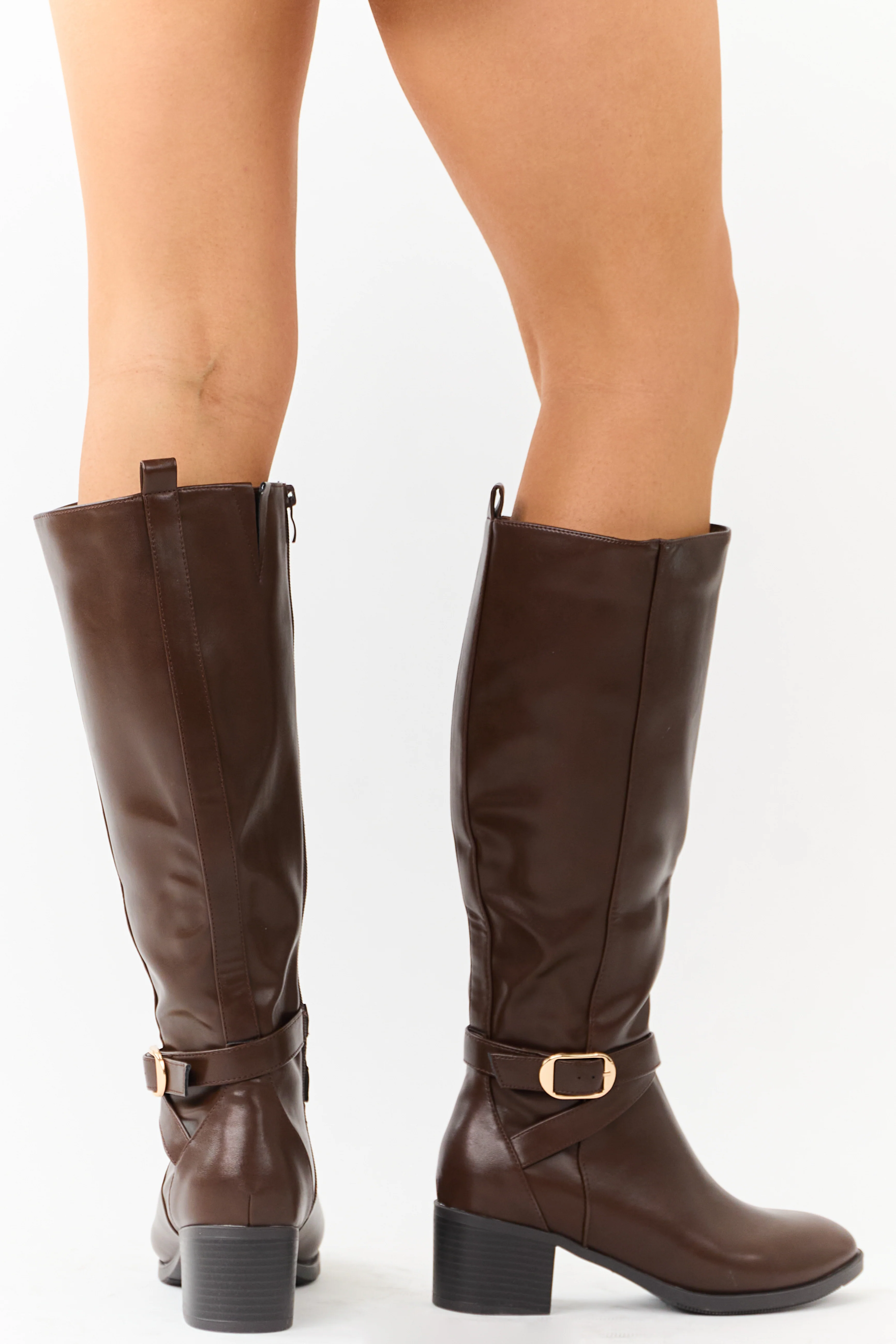 Chocolate Faux Leather Knee High Block Heel Boots - Image 6