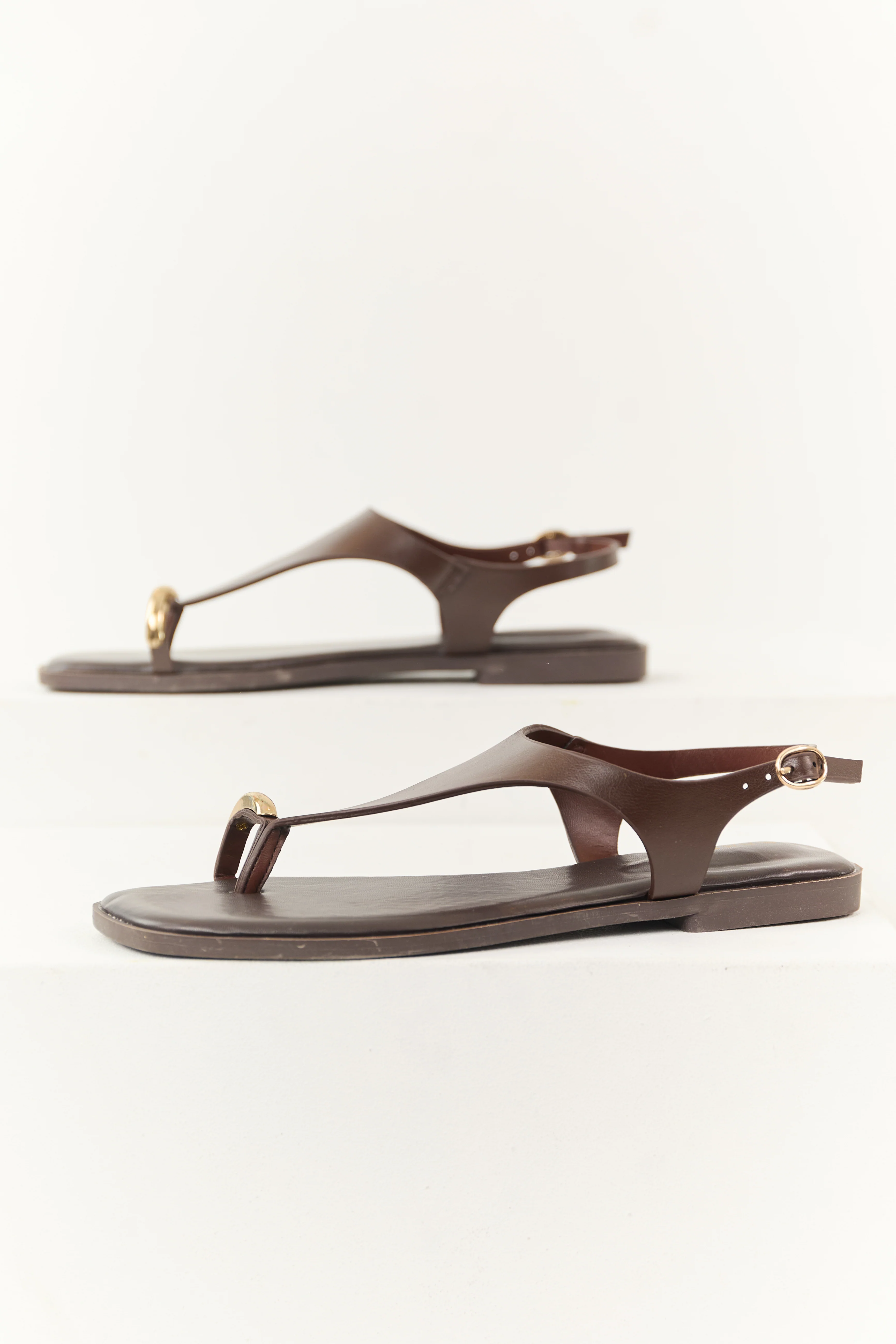 Chocolate Faux Leather Ring Toe Thong Sandals - Image 2