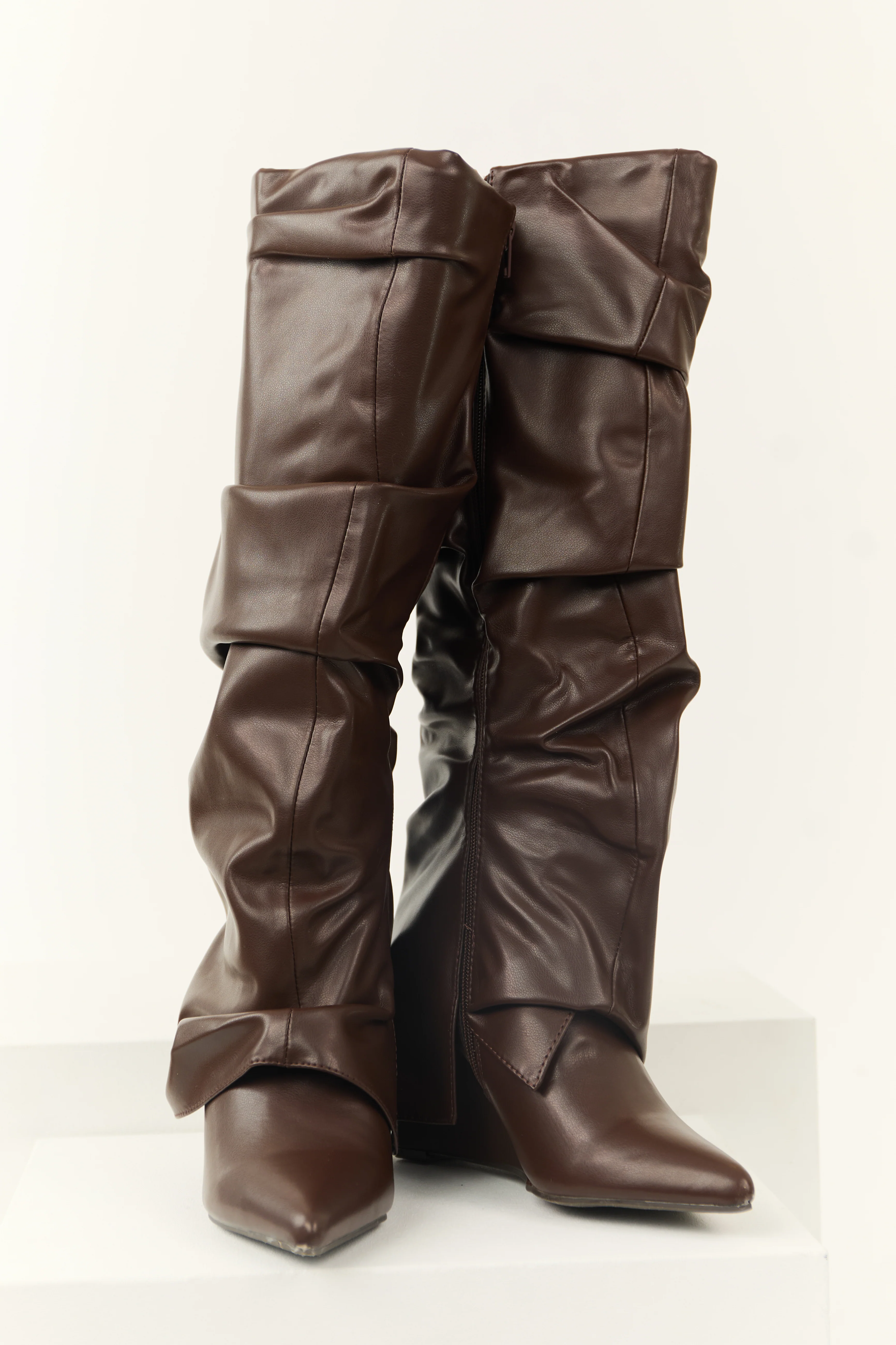 Chocolate Faux Leather Slouchy Knee High Boots - Image 2