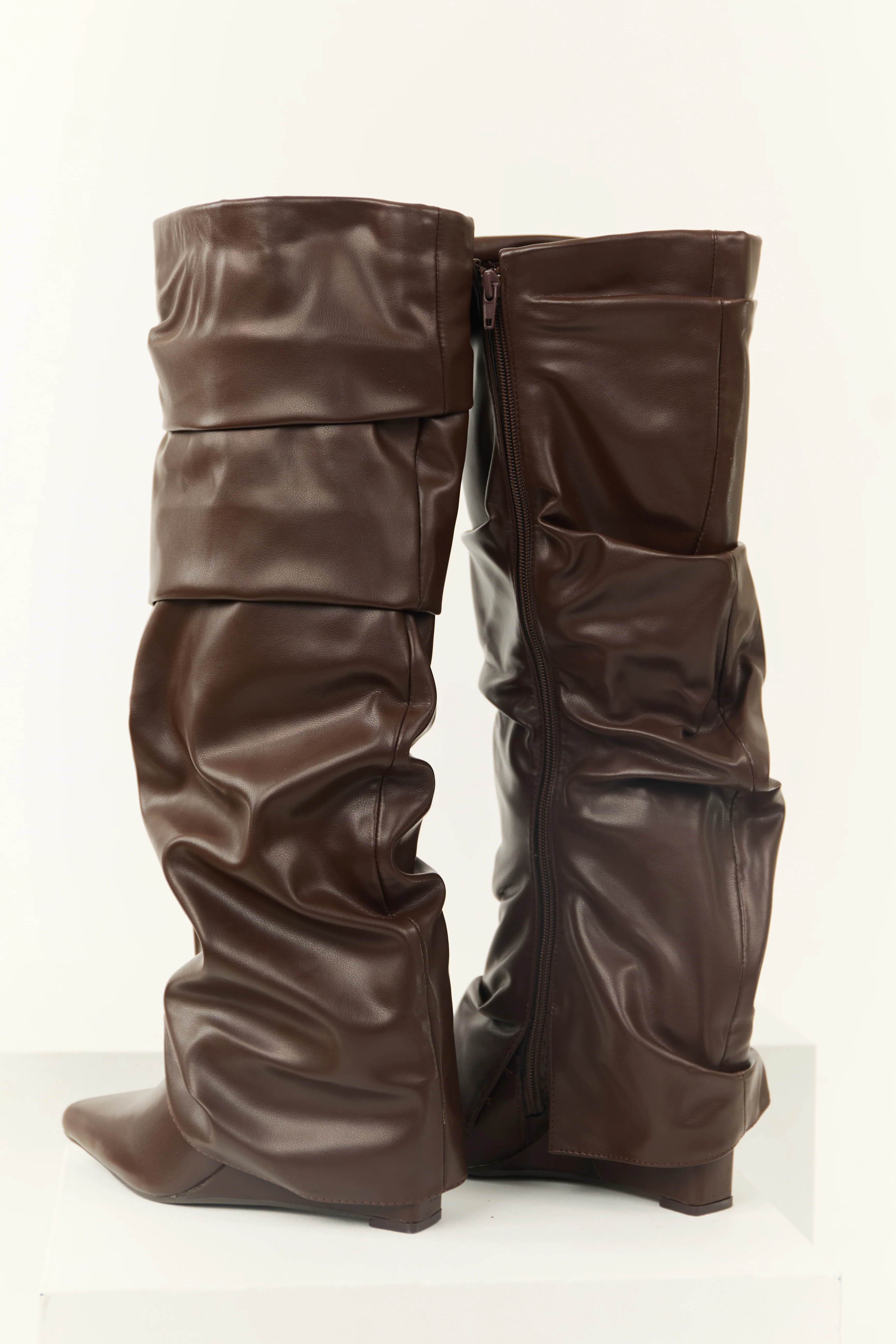 Chocolate Faux Leather Slouchy Knee High Boots - Image 3