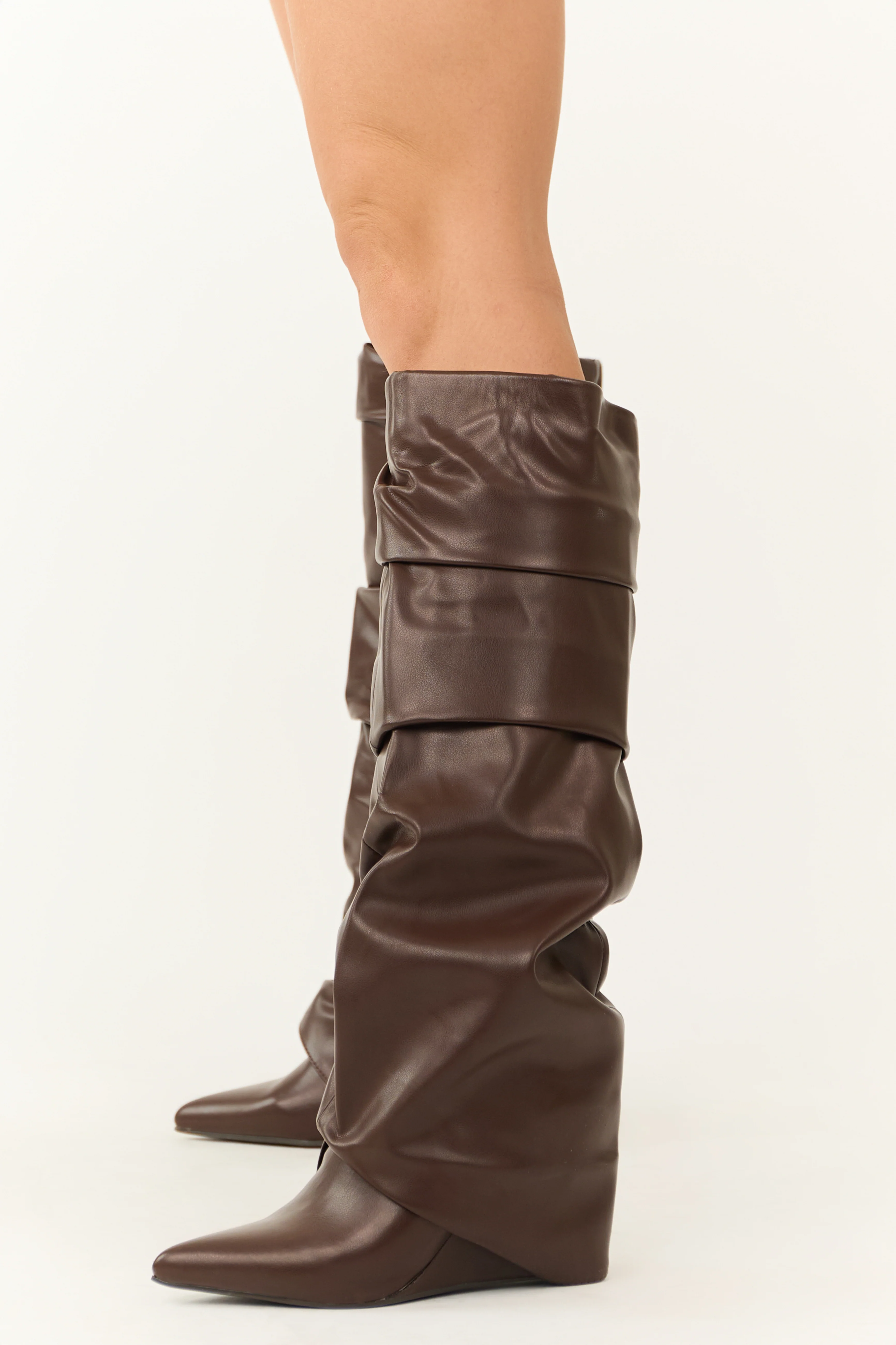 Chocolate Faux Leather Slouchy Knee High Boots - Image 5