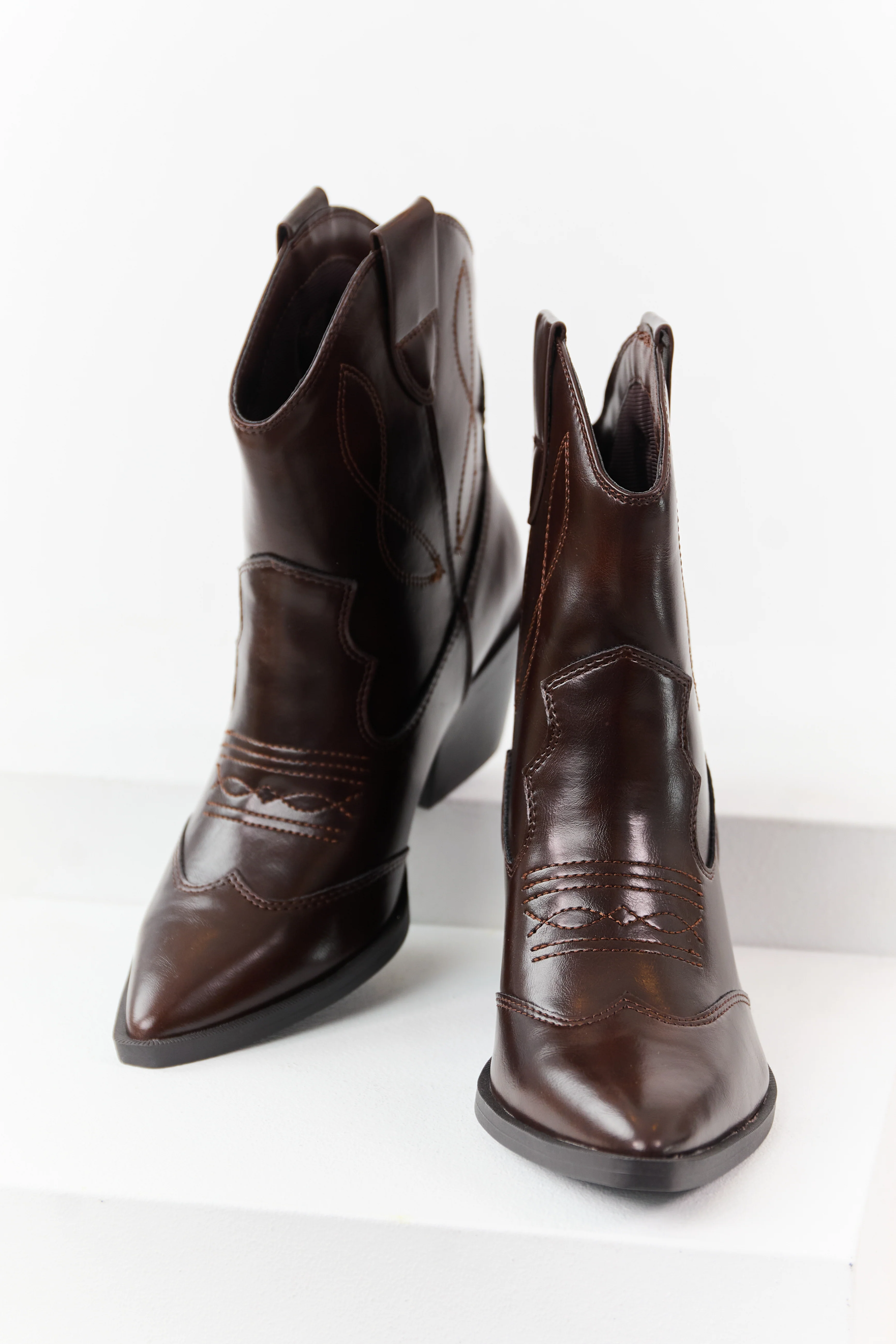 Chocolate Faux Leather Western Style Short Boots - Image 2