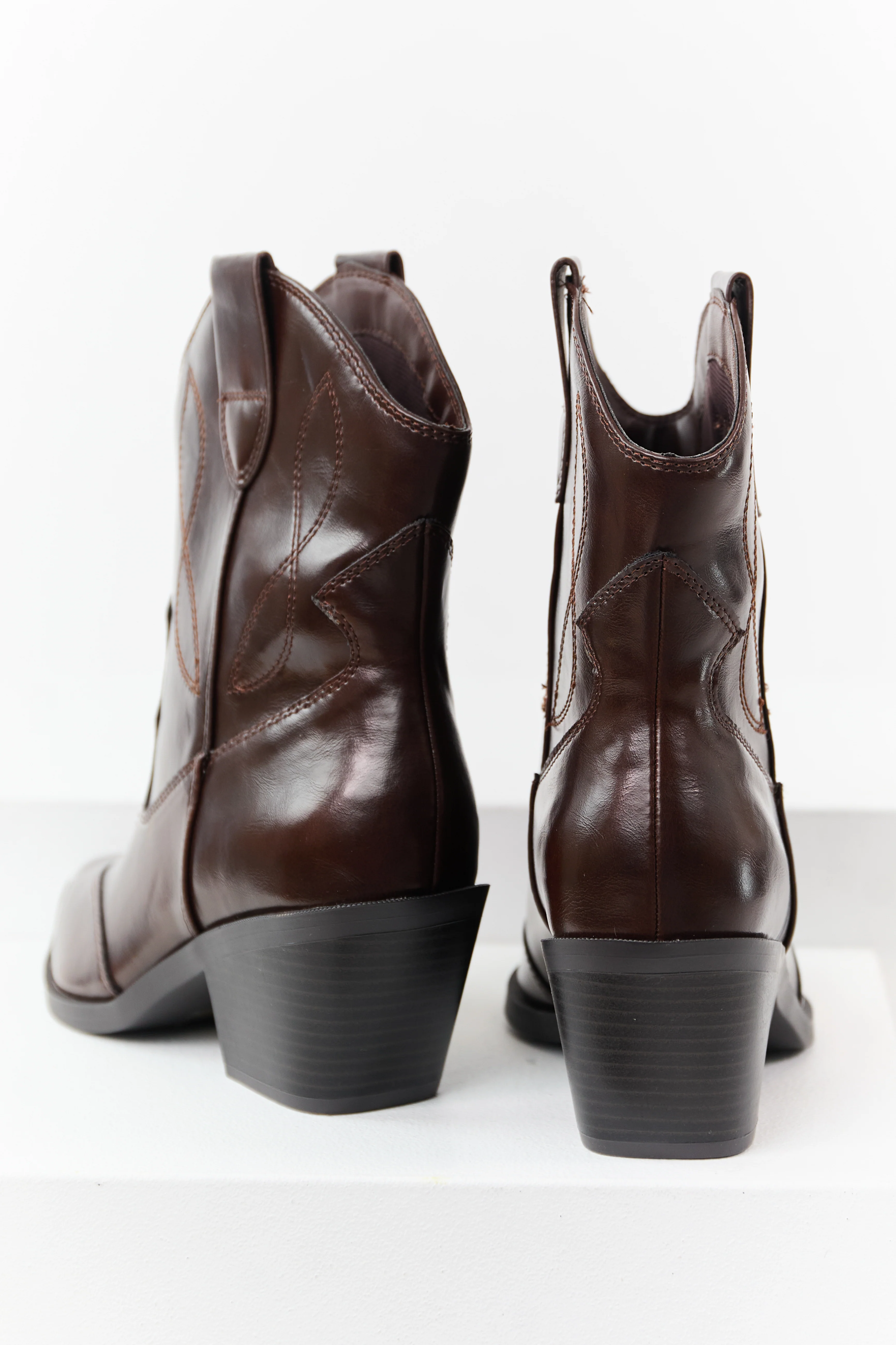 Chocolate Faux Leather Western Style Short Boots - Image 3