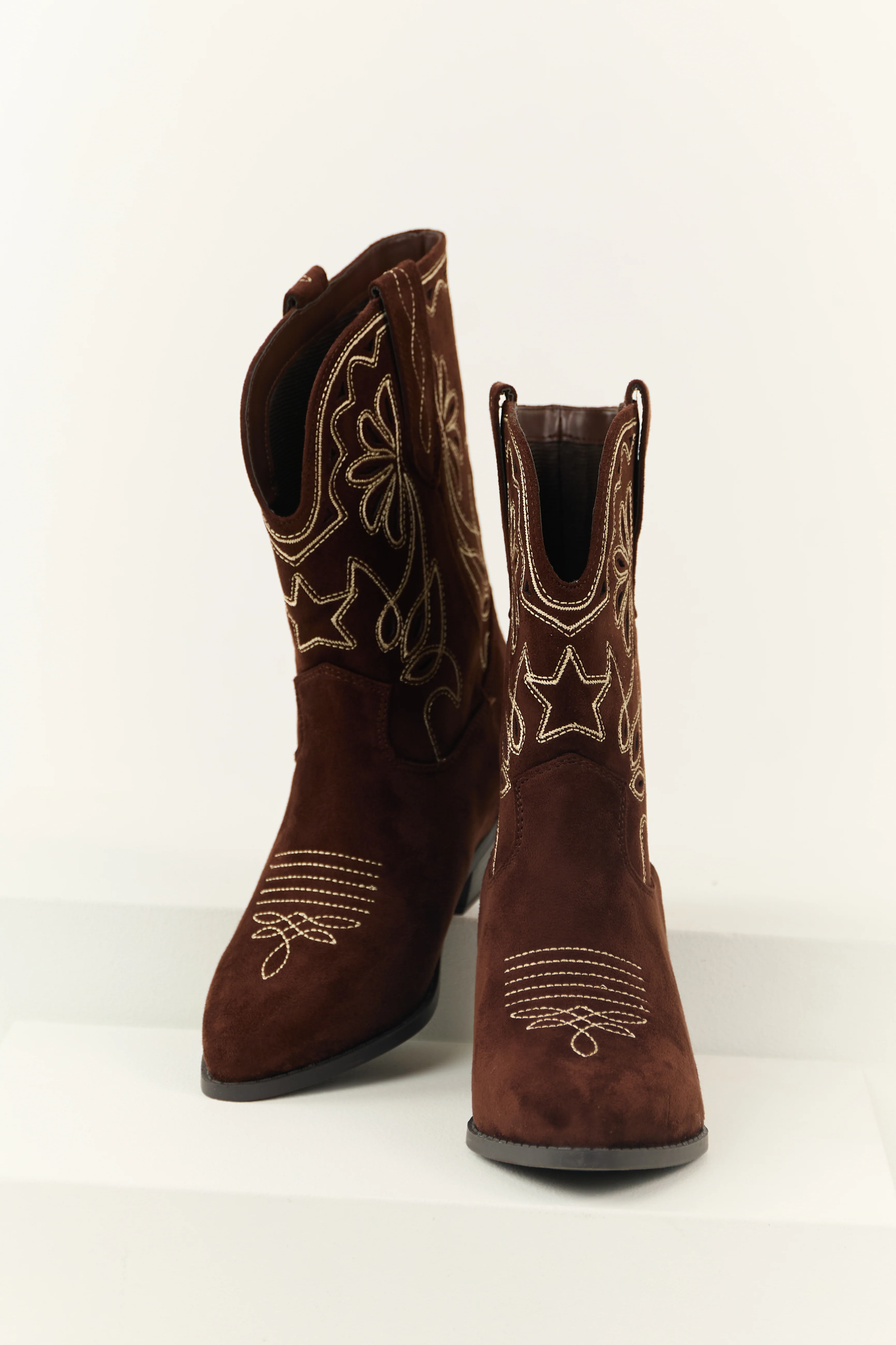 Chocolate Faux Suede Mid Calf Embroidered Boots - Image 2