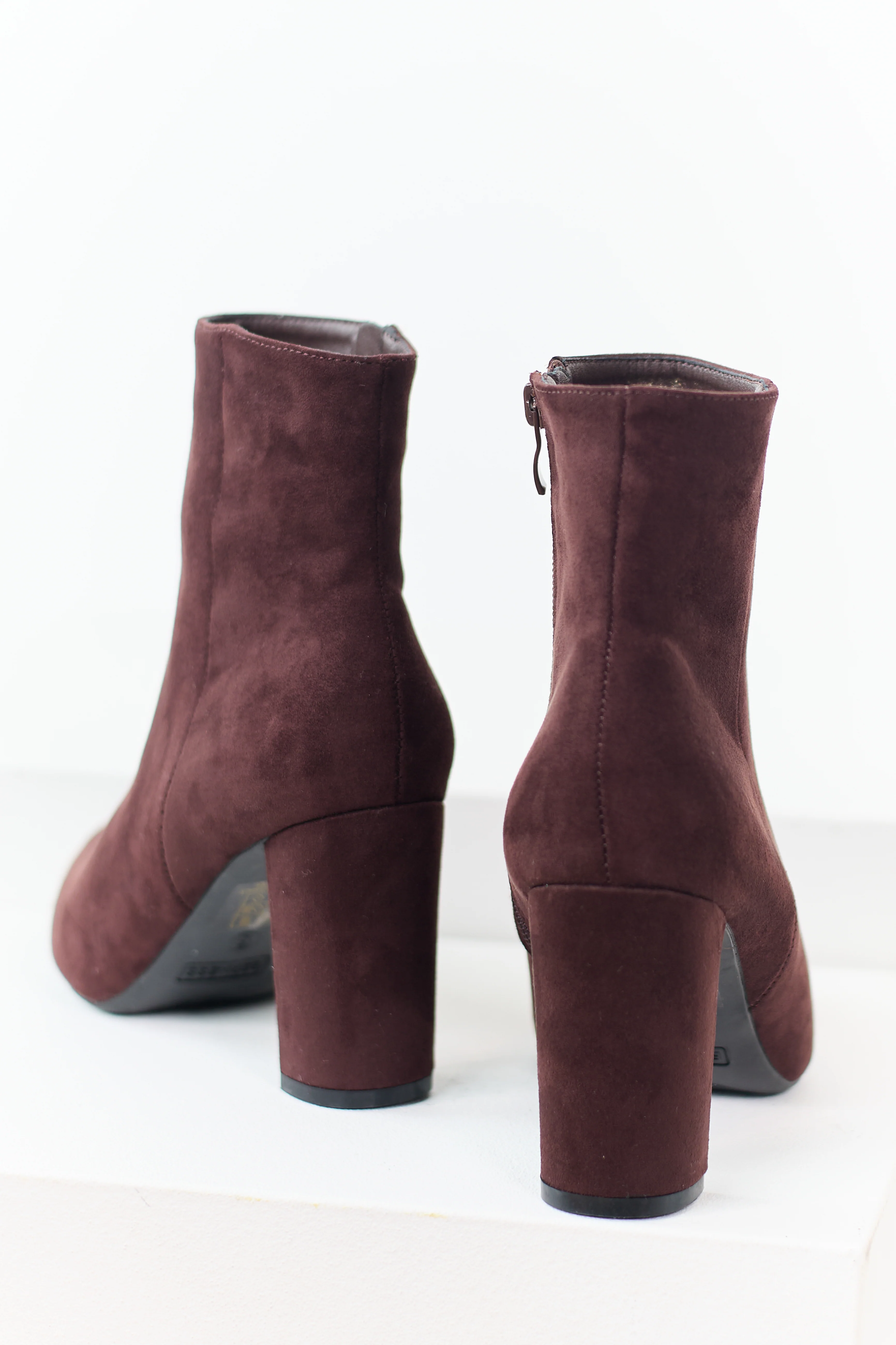 Chocolate Faux Suede Pointed Toe Heeled Booties - Image 3