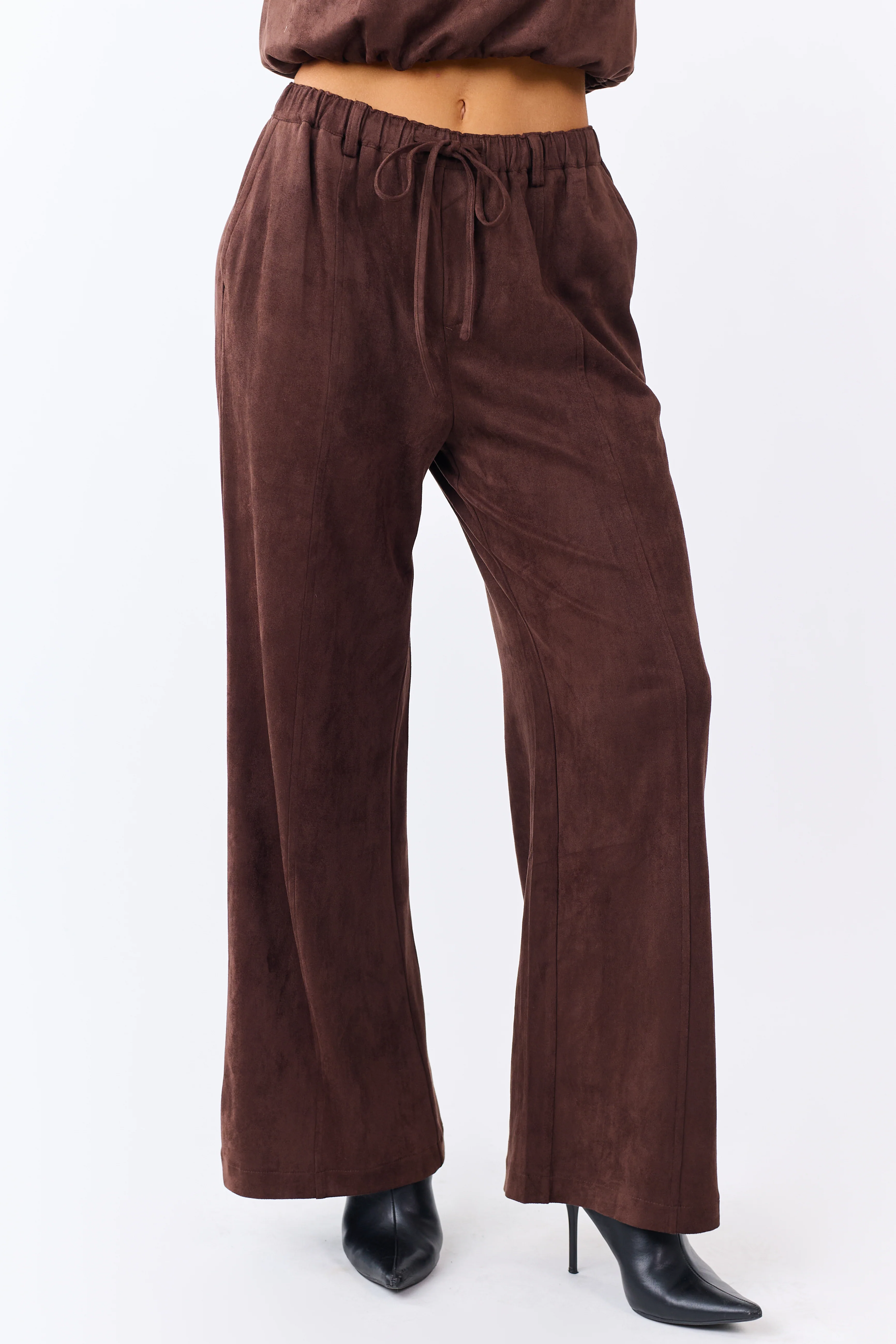 Chocolate Faux Suede Wide Leg Drawstring Pants - Image 2