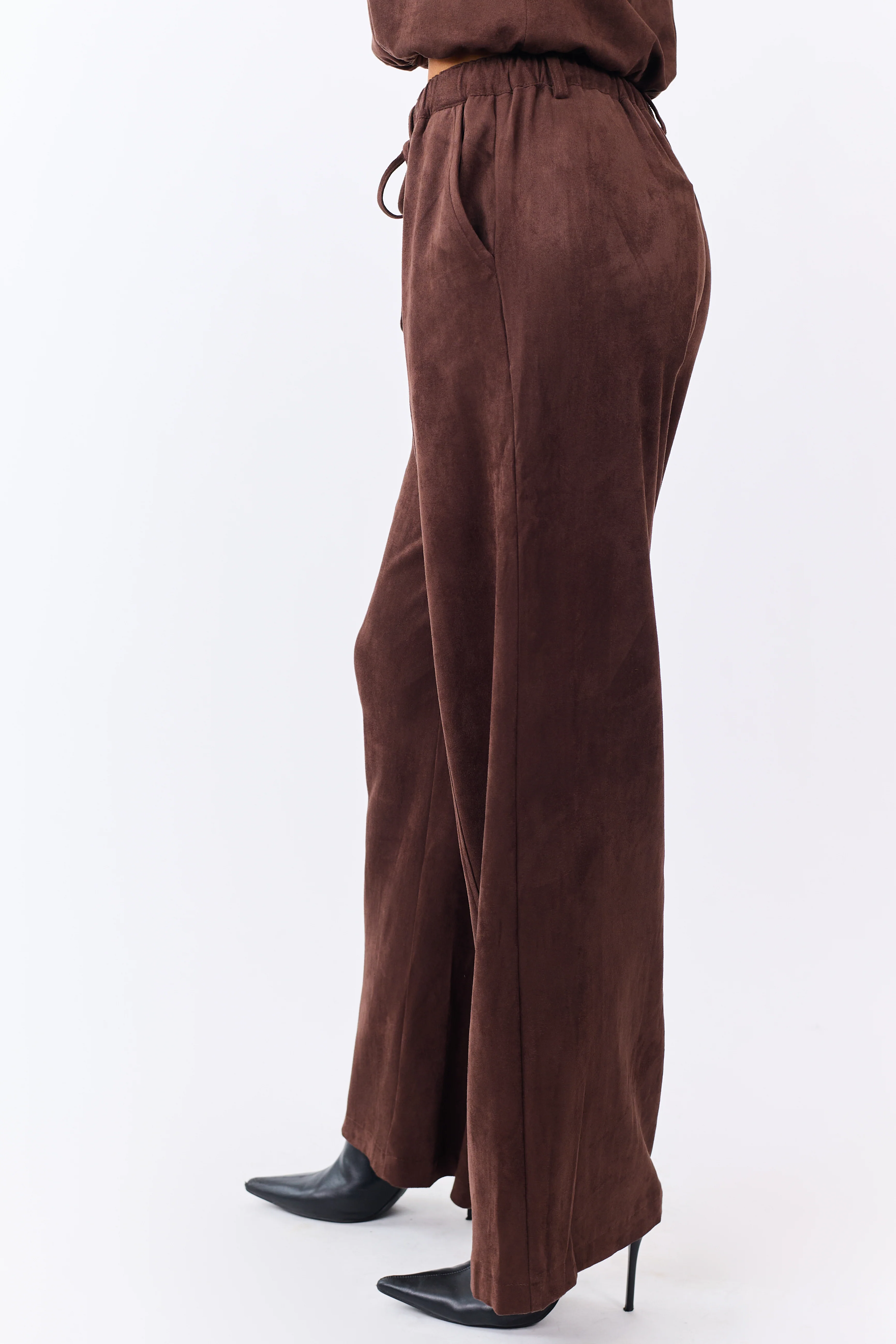 Chocolate Faux Suede Wide Leg Drawstring Pants - Image 3