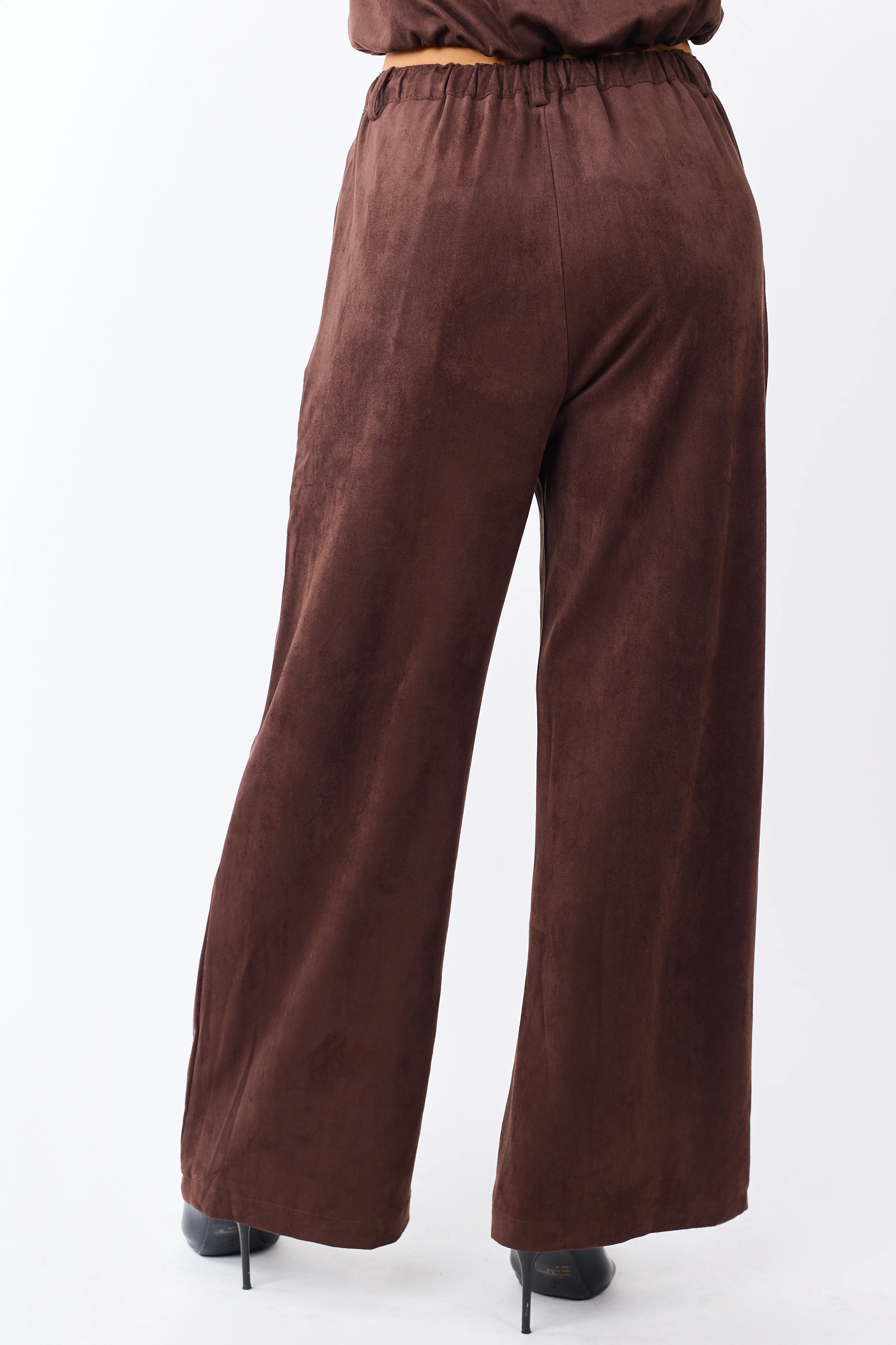 Chocolate Faux Suede Wide Leg Drawstring Pants - Image 4