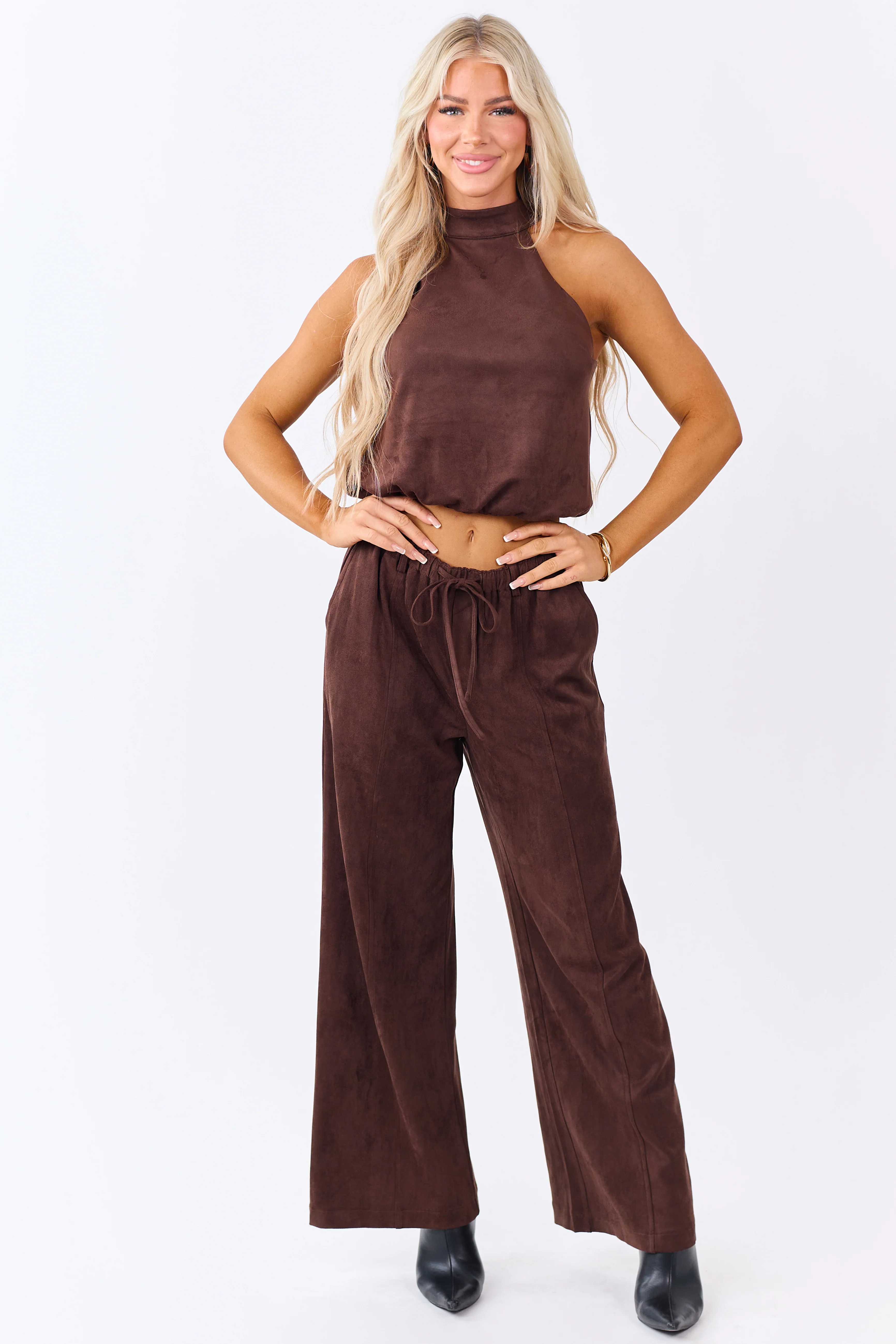 Chocolate Faux Suede Wide Leg Drawstring Pants - Image 5