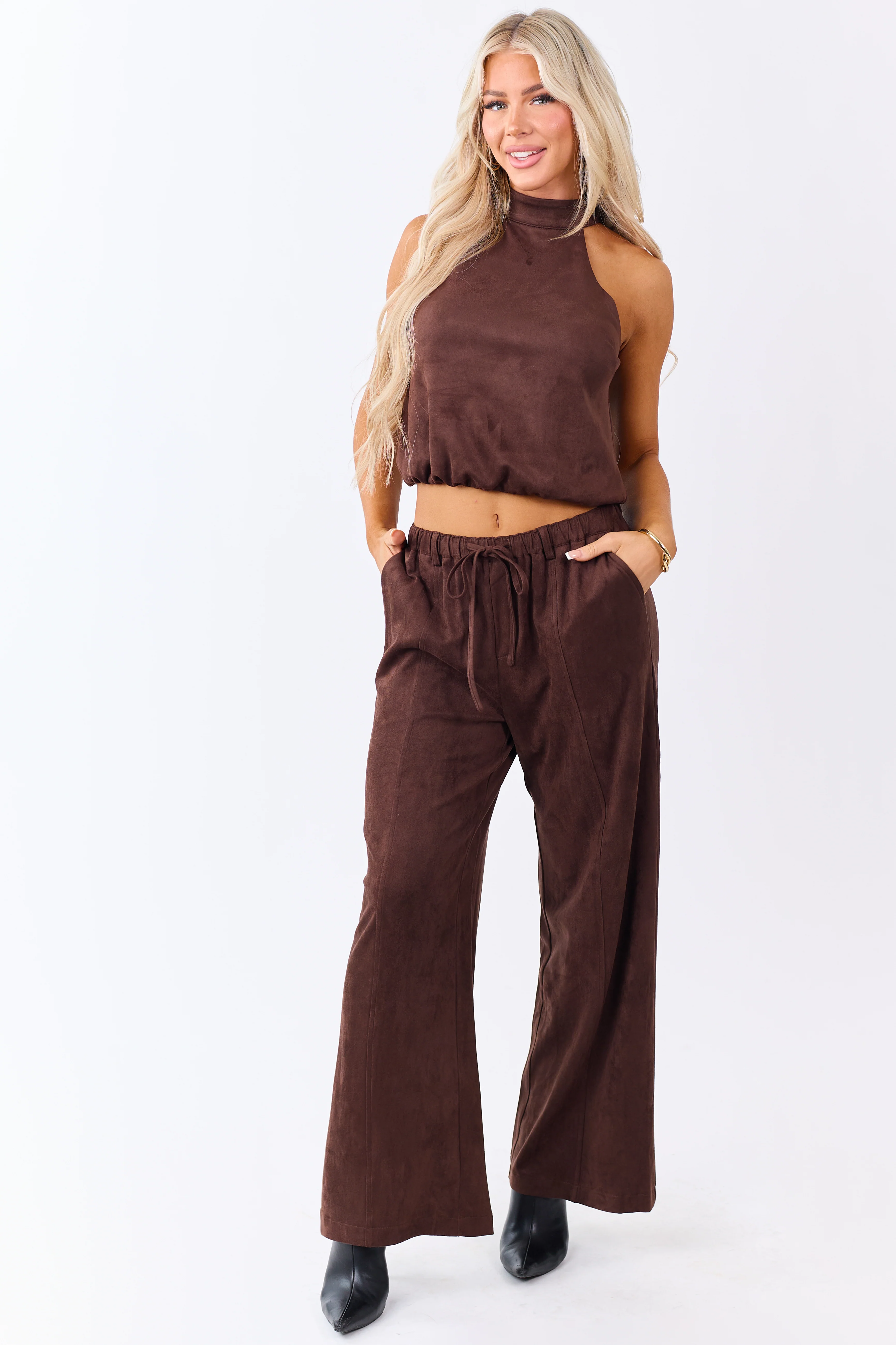 Chocolate Faux Suede Wide Leg Drawstring Pants - Image 6