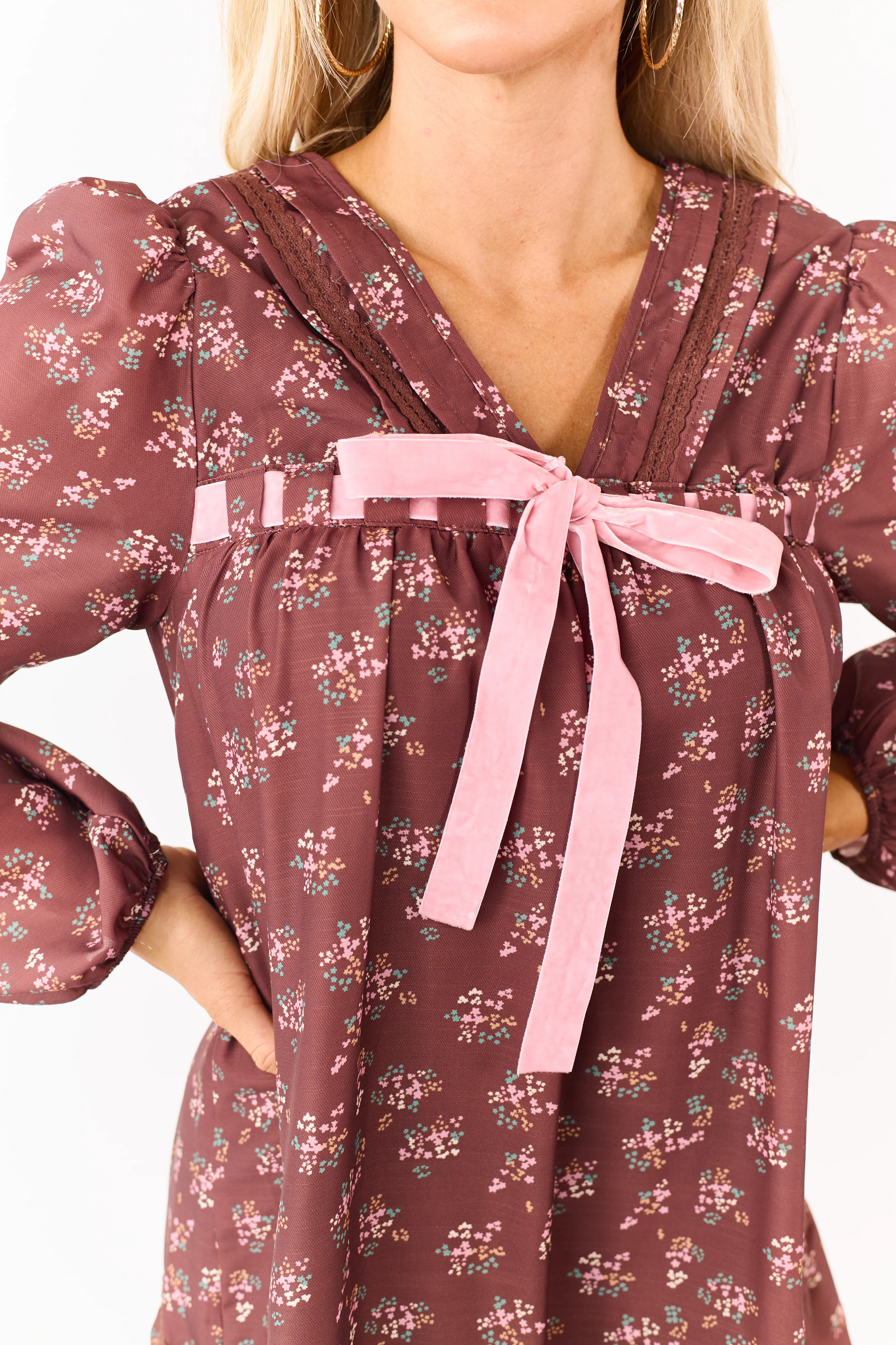 Chocolate Floral Print Front Bow Mini Dress - Image 7