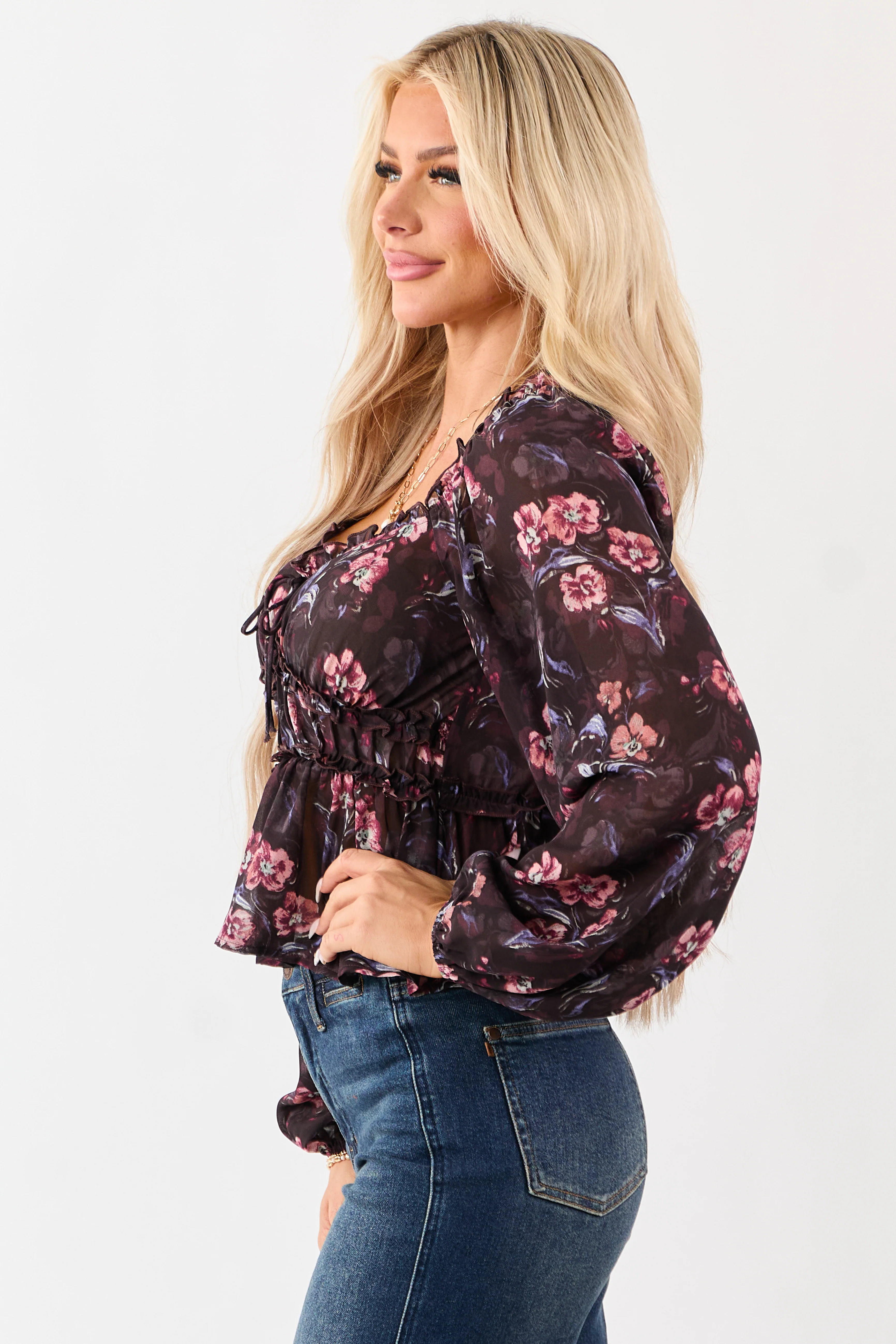 Chocolate Floral Print Long Sleeve Peplum Top - Image 5