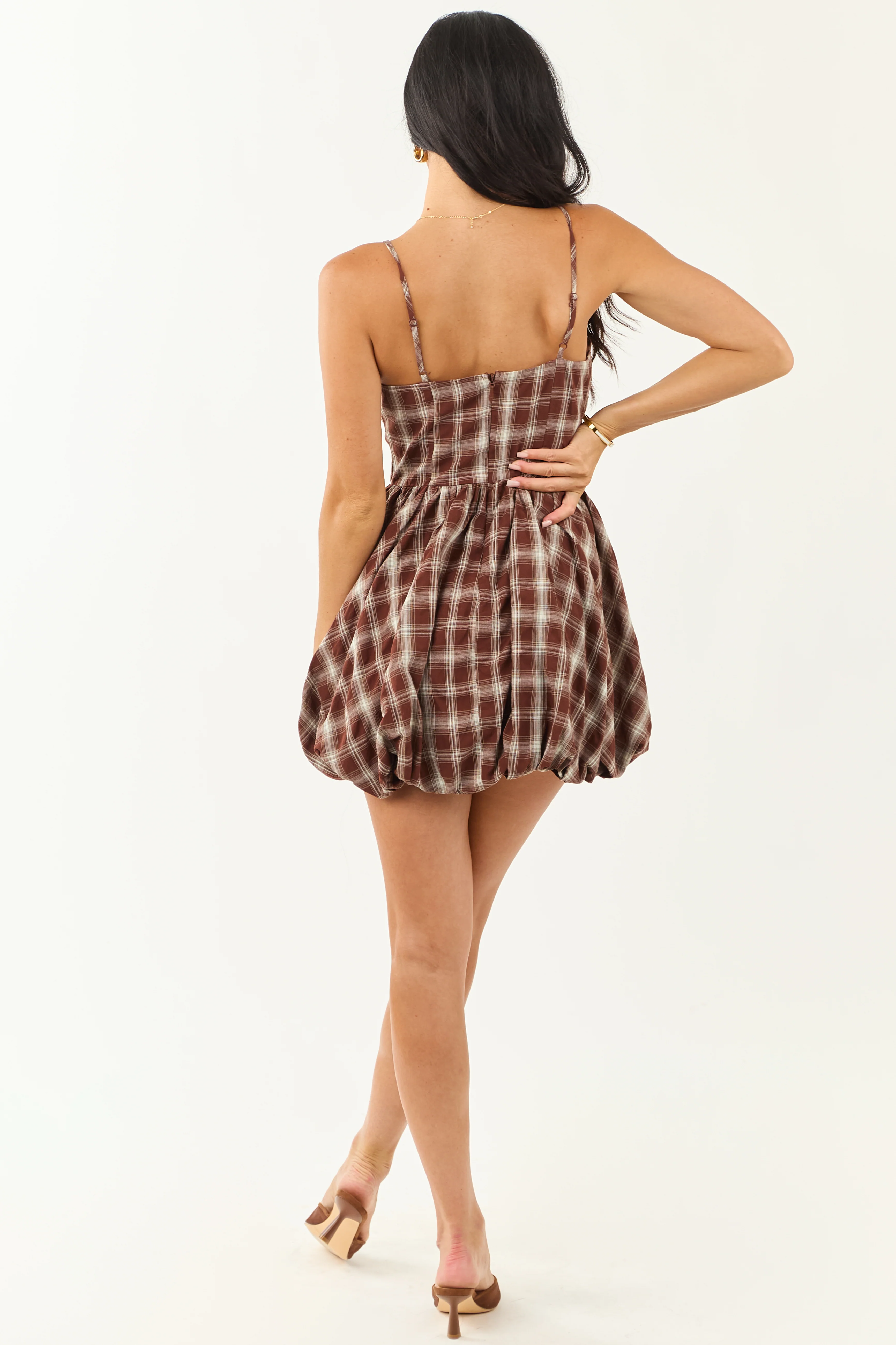 Chocolate Plaid Bubble Hem Cotton Mini Dress - Image 5