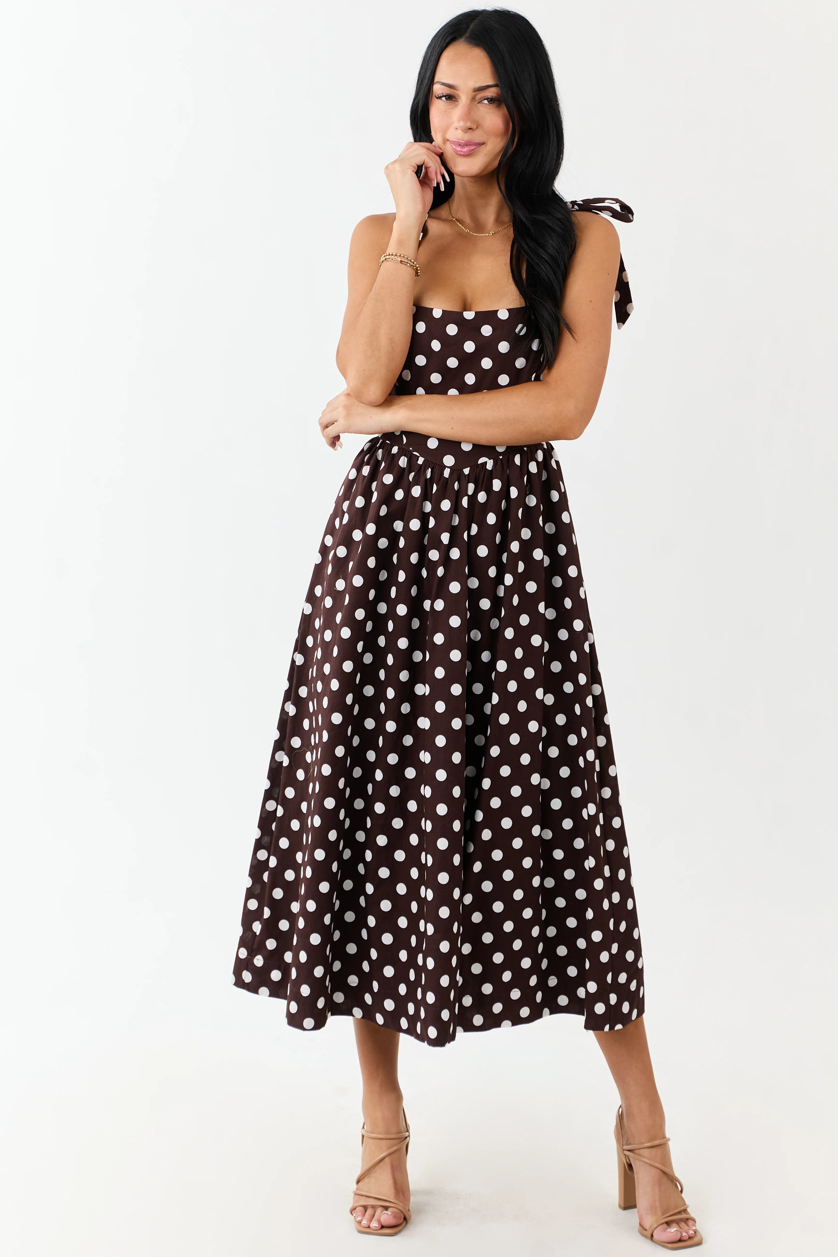 Chocolate Polka Dot Tie Strap Cotton Midi Dress - Image 3