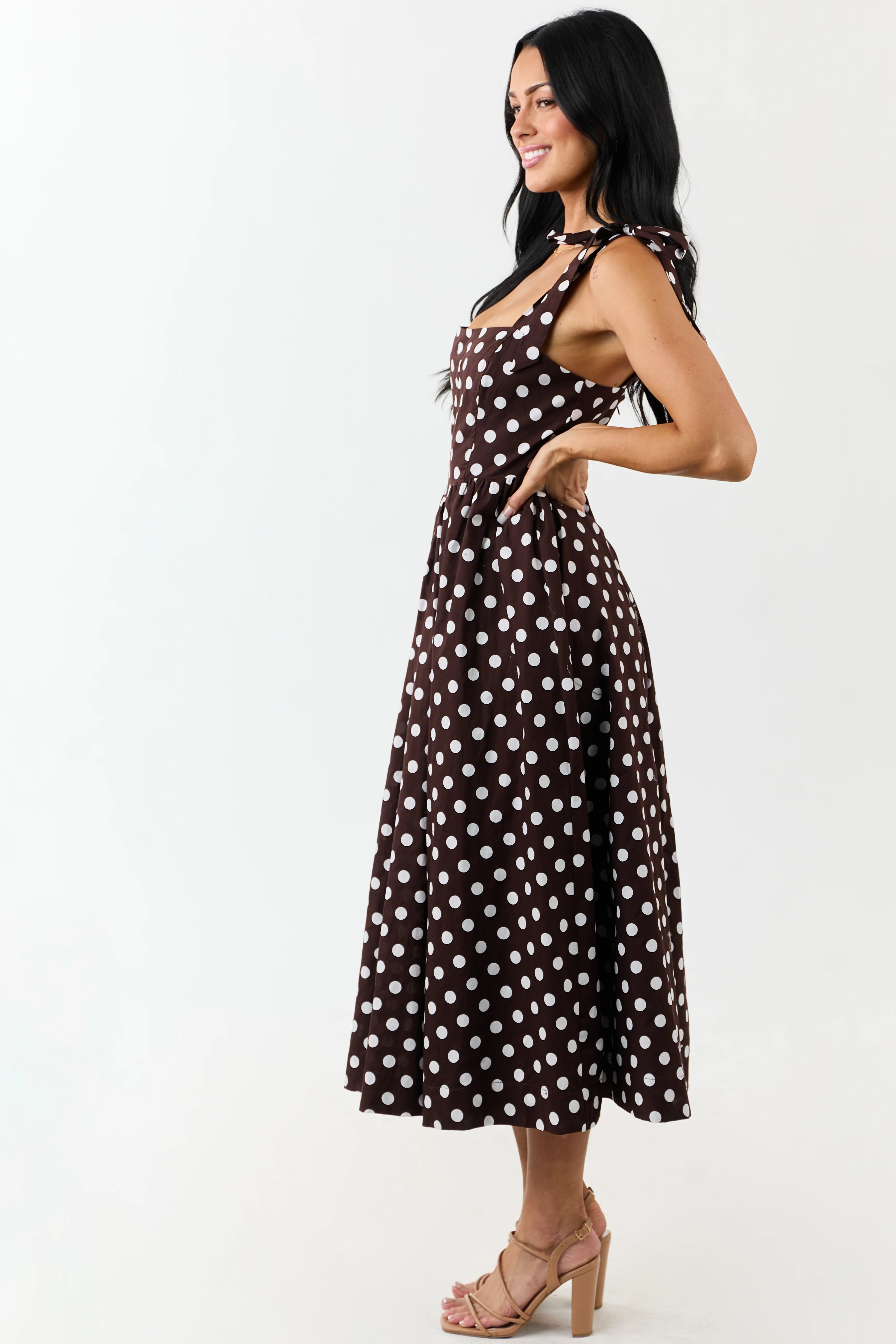 Chocolate Polka Dot Tie Strap Cotton Midi Dress - Image 4
