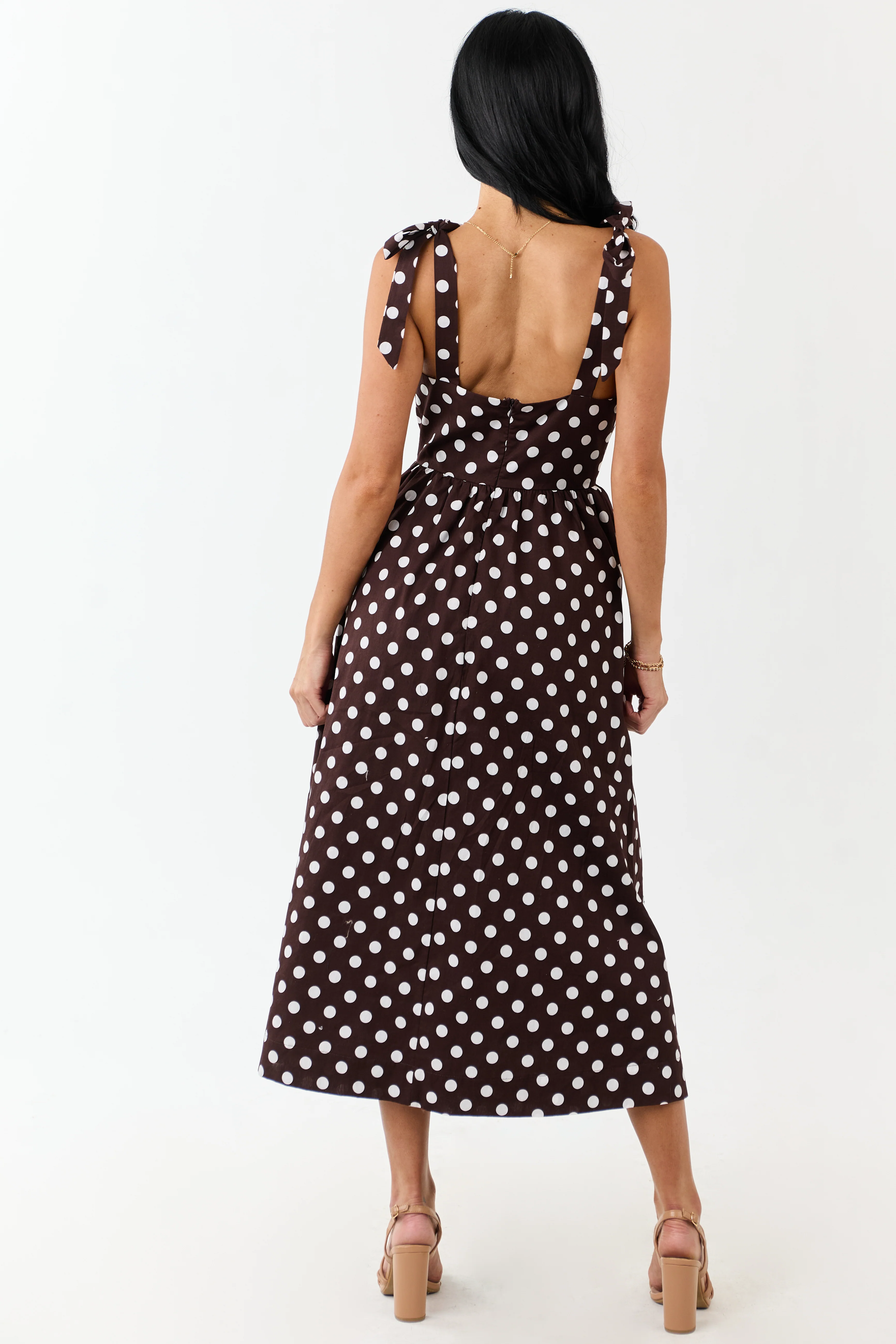 Chocolate Polka Dot Tie Strap Cotton Midi Dress - Image 5