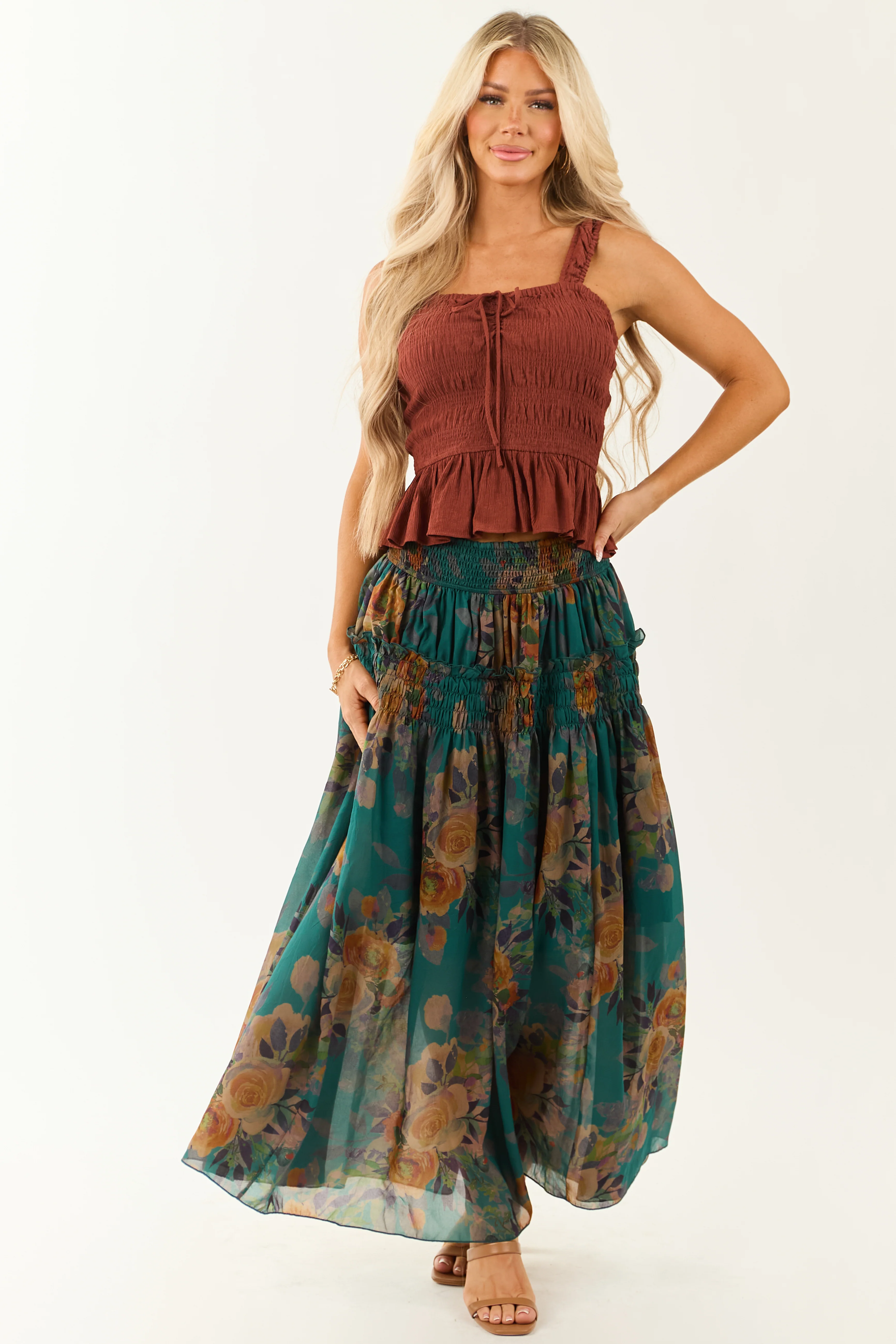 Cinnamon Smocked Bodice Ruffle Peplum Hem Tank Top - Image 2