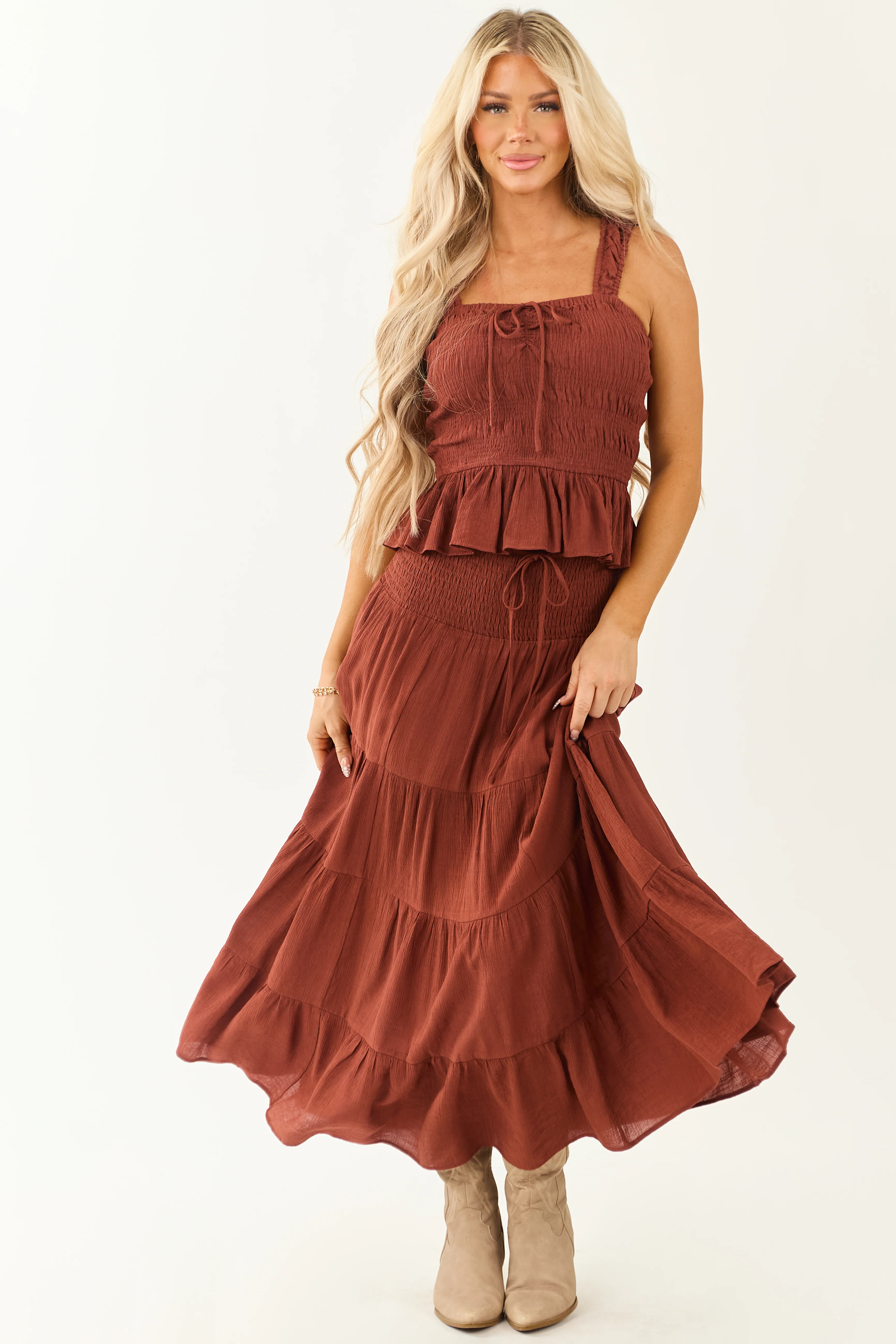 Cinnamon Smocked Bodice Ruffle Peplum Hem Tank Top - Image 4