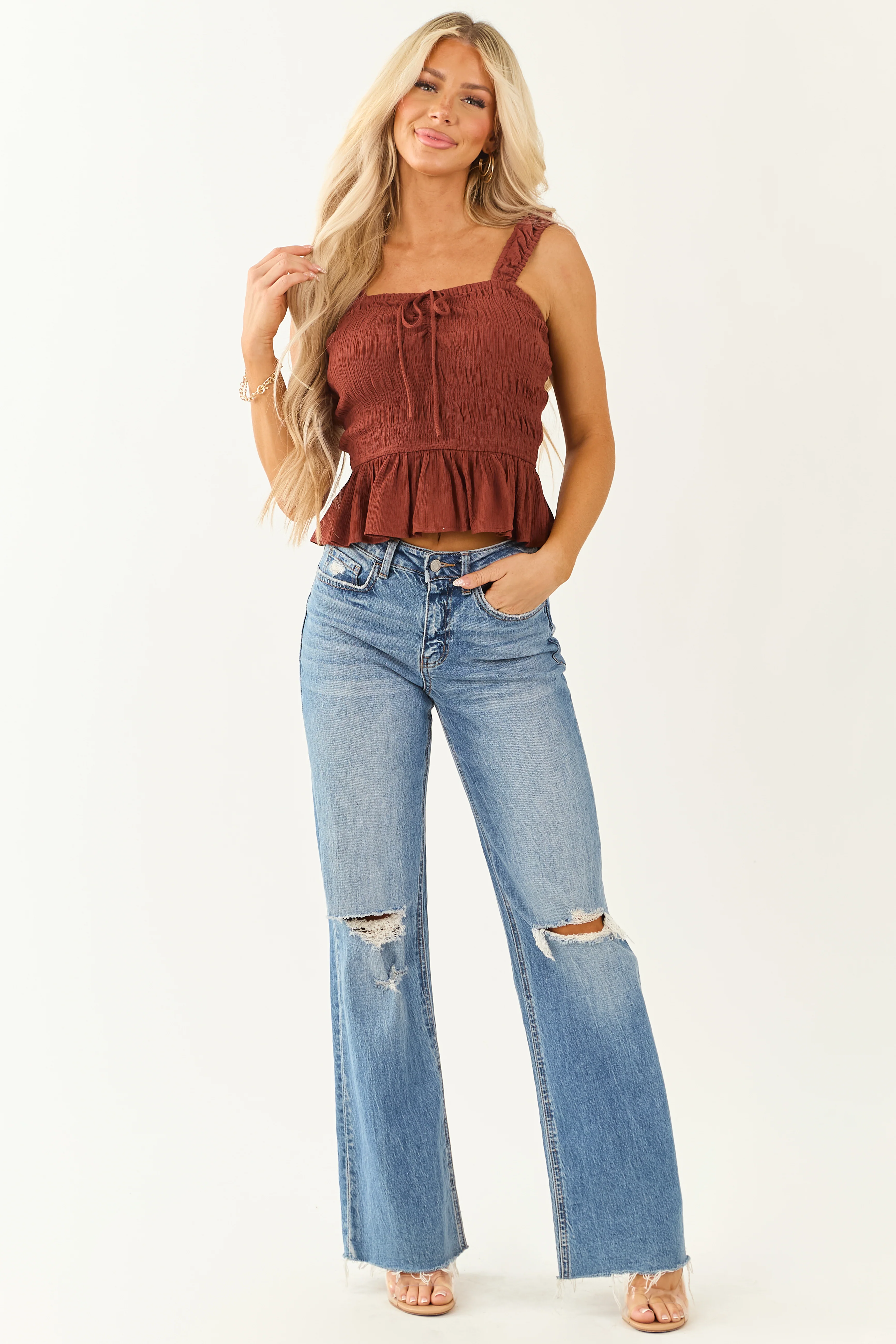 Cinnamon Smocked Bodice Ruffle Peplum Hem Tank Top - Image 5