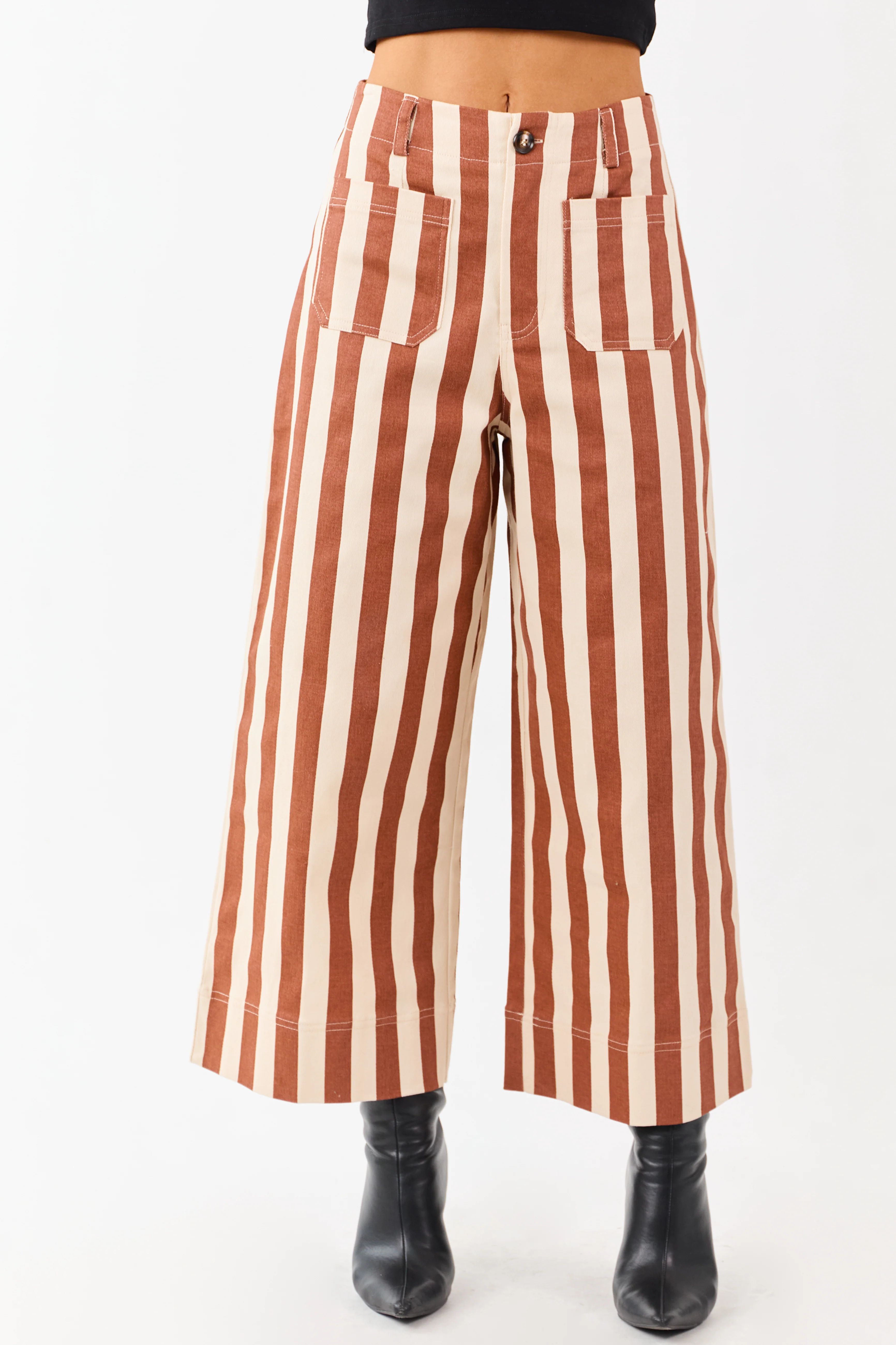 Cinnamon Striped Wide Leg Stretchy Denim Crop Pants - Image 3