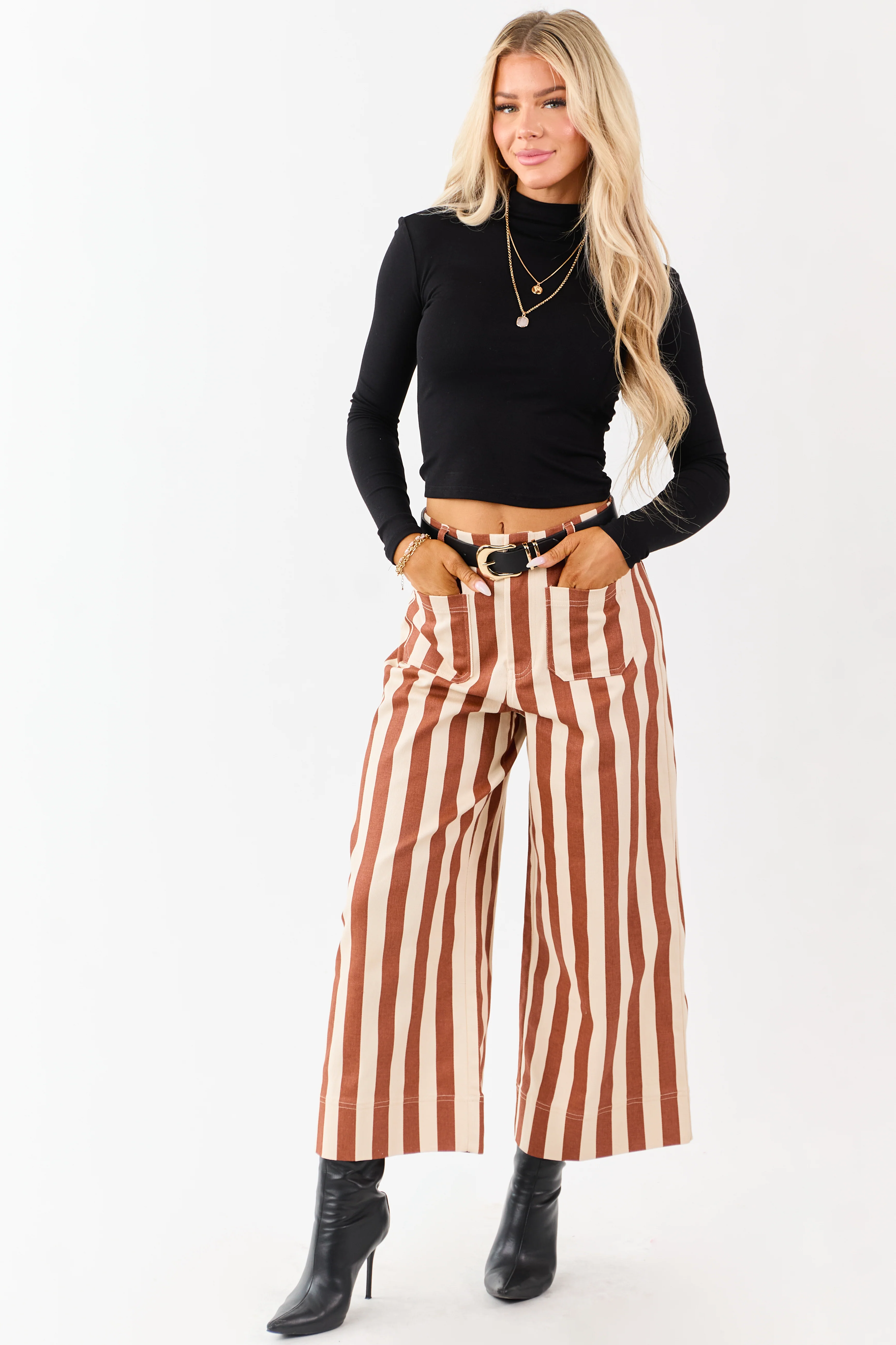 Cinnamon Striped Wide Leg Stretchy Denim Crop Pants - Image 6