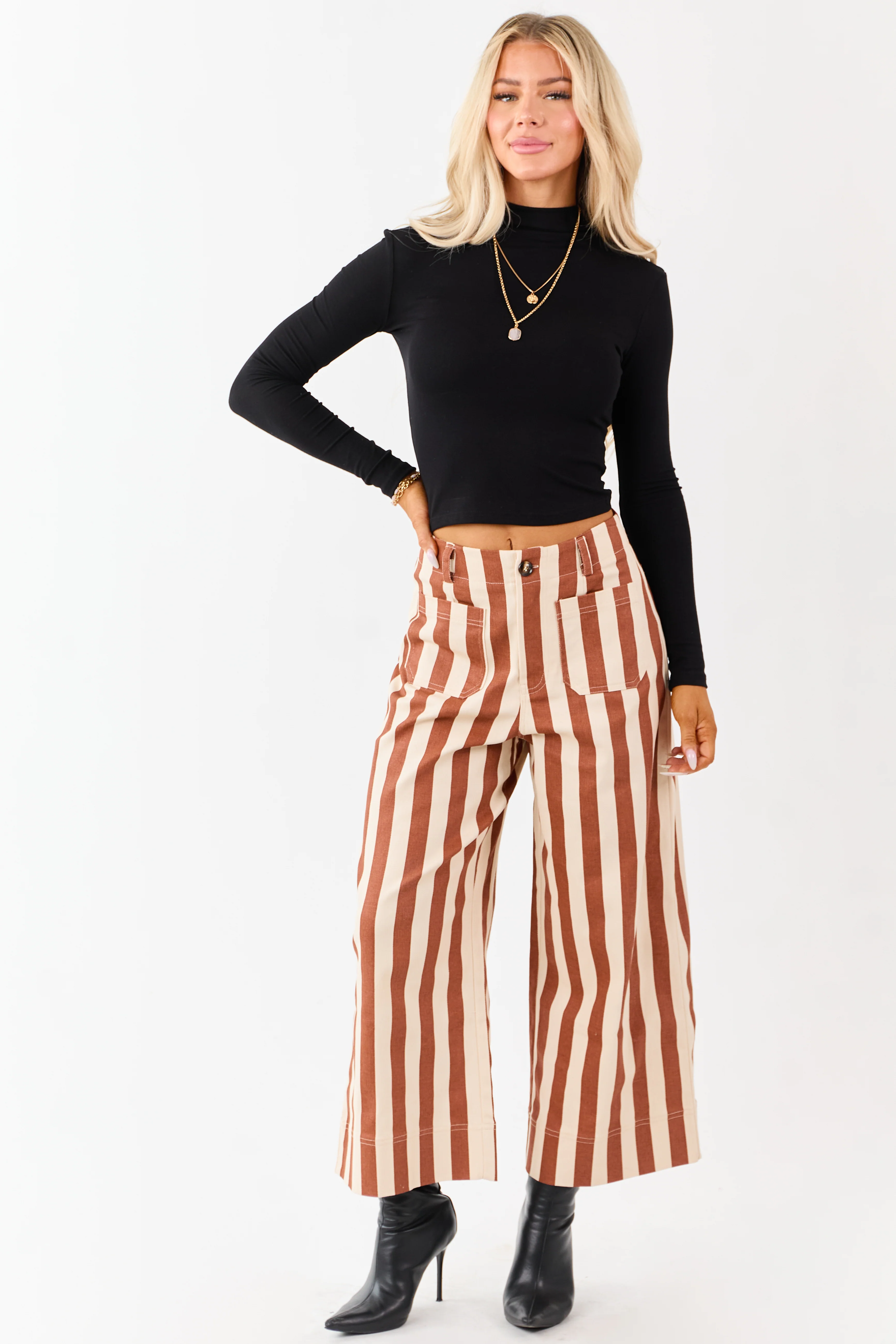 Cinnamon Striped Wide Leg Stretchy Denim Crop Pants - Image 7