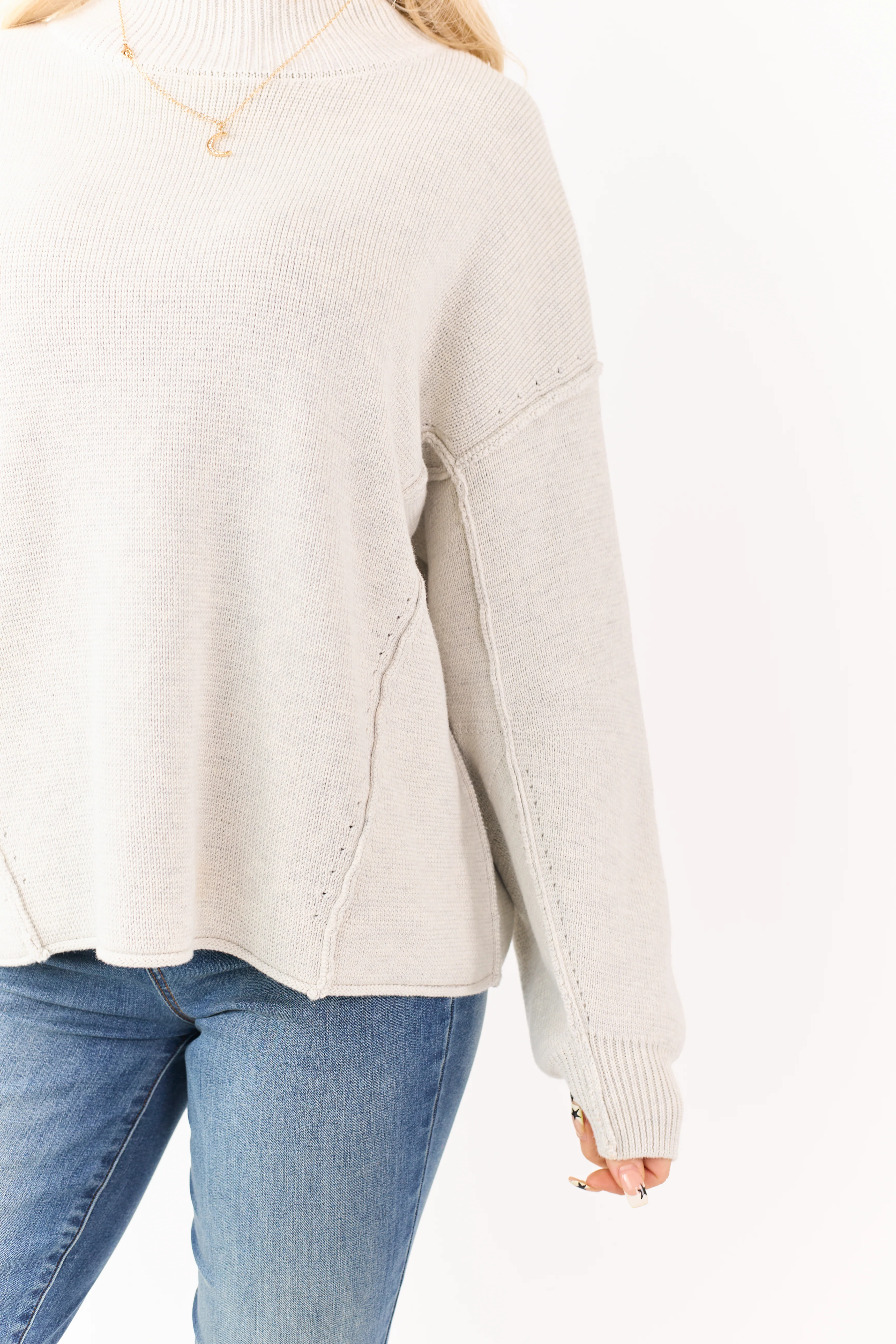Cloud Grey Mock Neck Exposed Seam Knit Sweater - Image 2