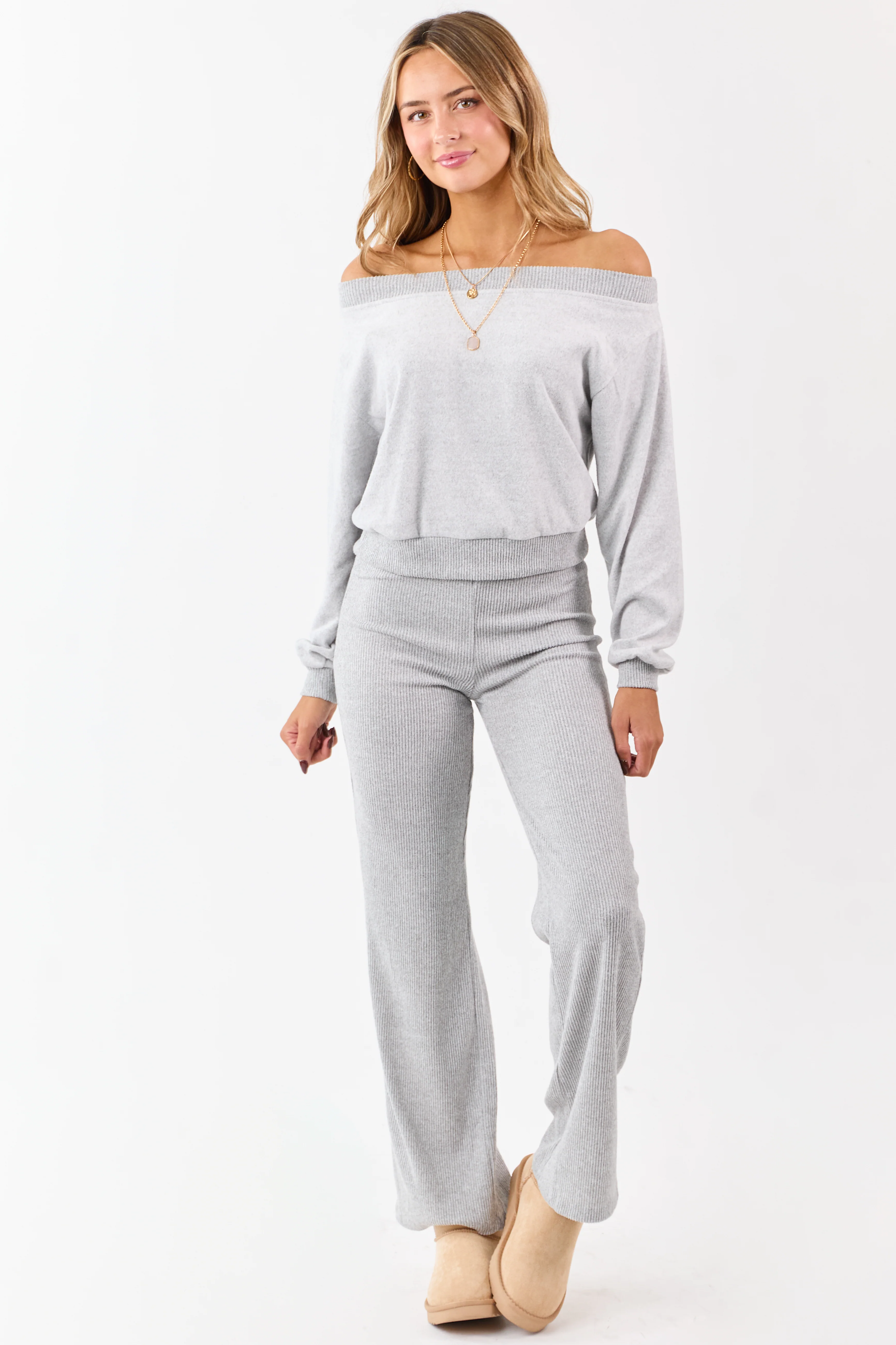 Cloud Grey Rib Knit Elastic Waist Wide Leg Pants - Image 2