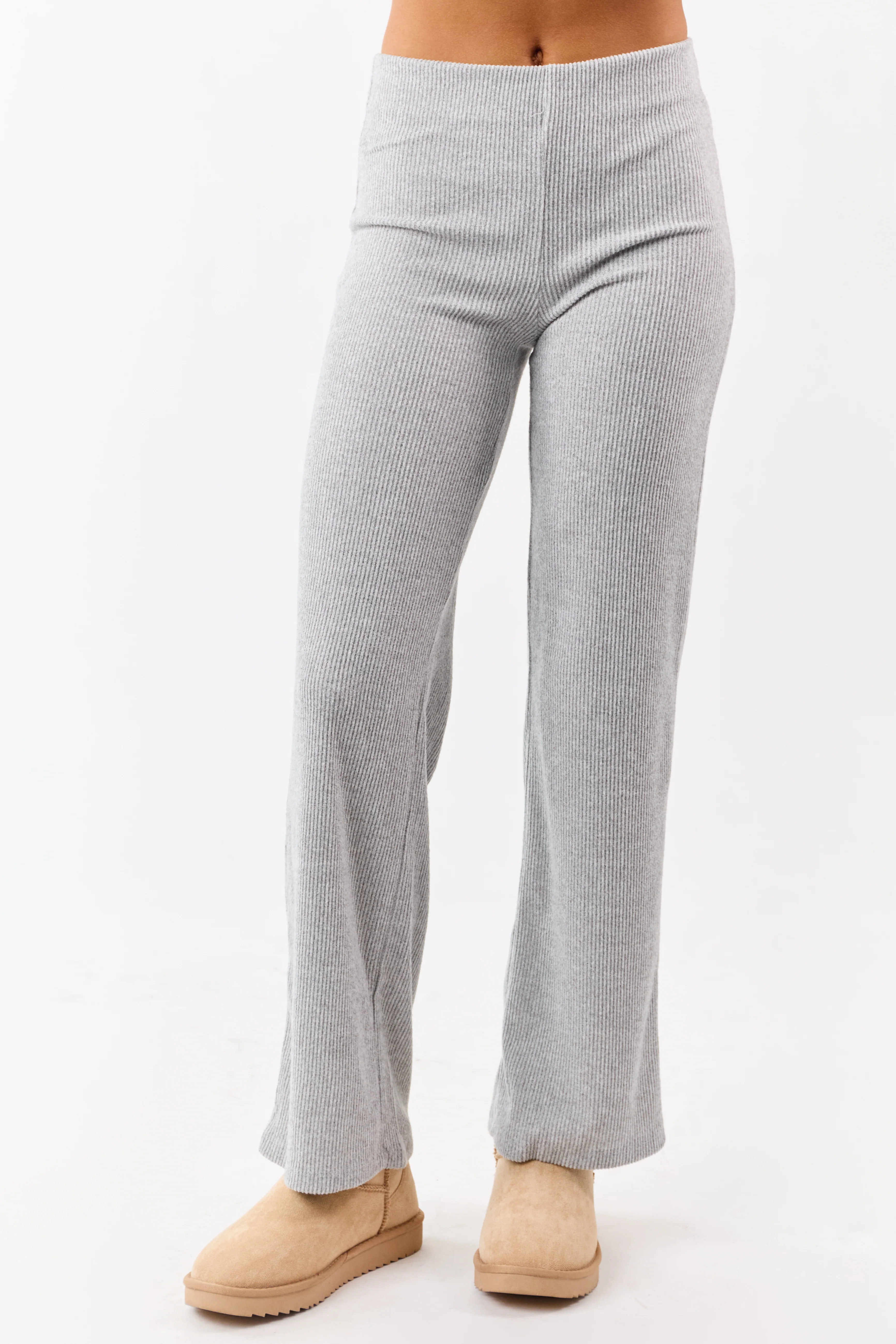 Cloud Grey Rib Knit Elastic Waist Wide Leg Pants - Image 3