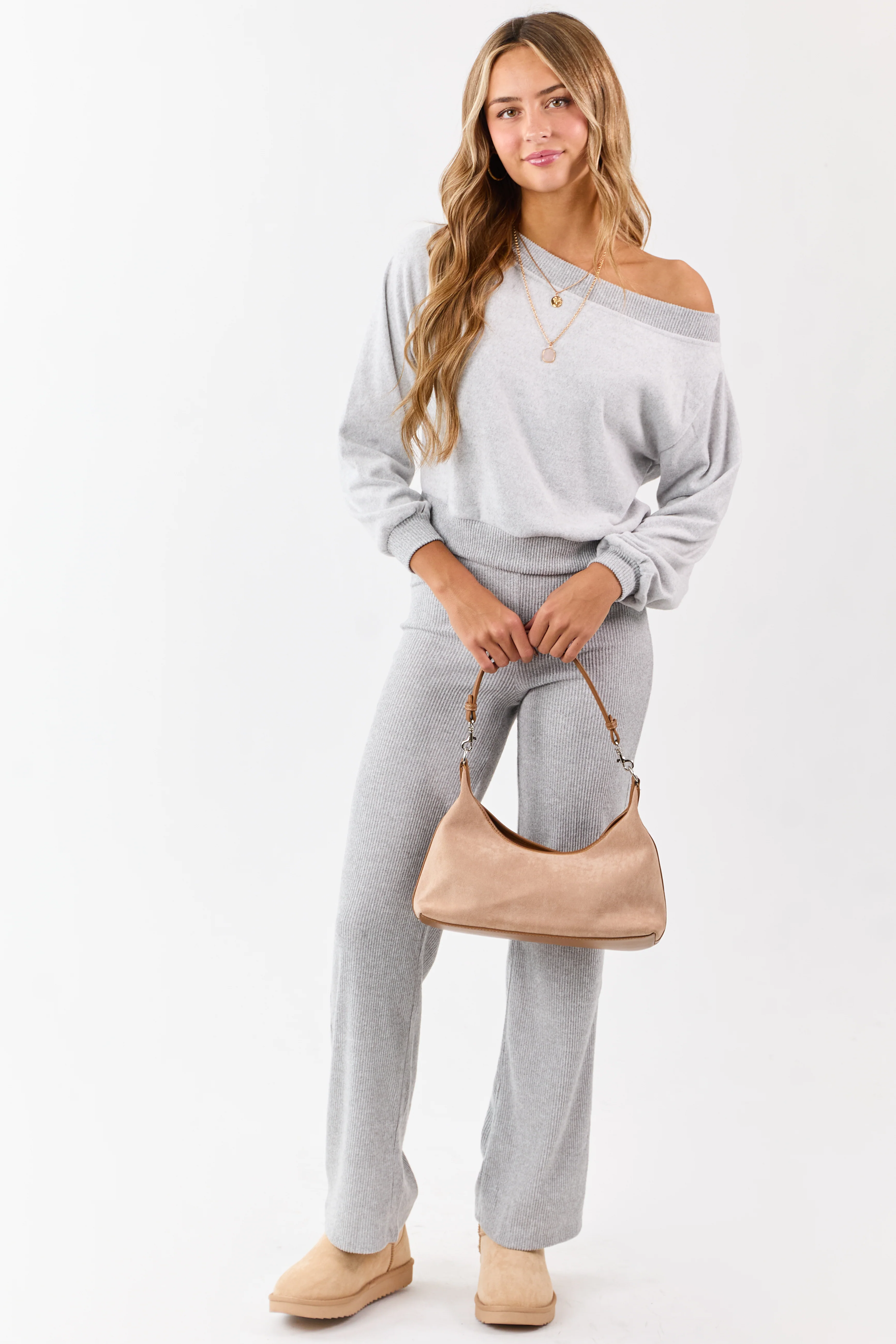 Cloud Grey Rib Knit Elastic Waist Wide Leg Pants - Image 6