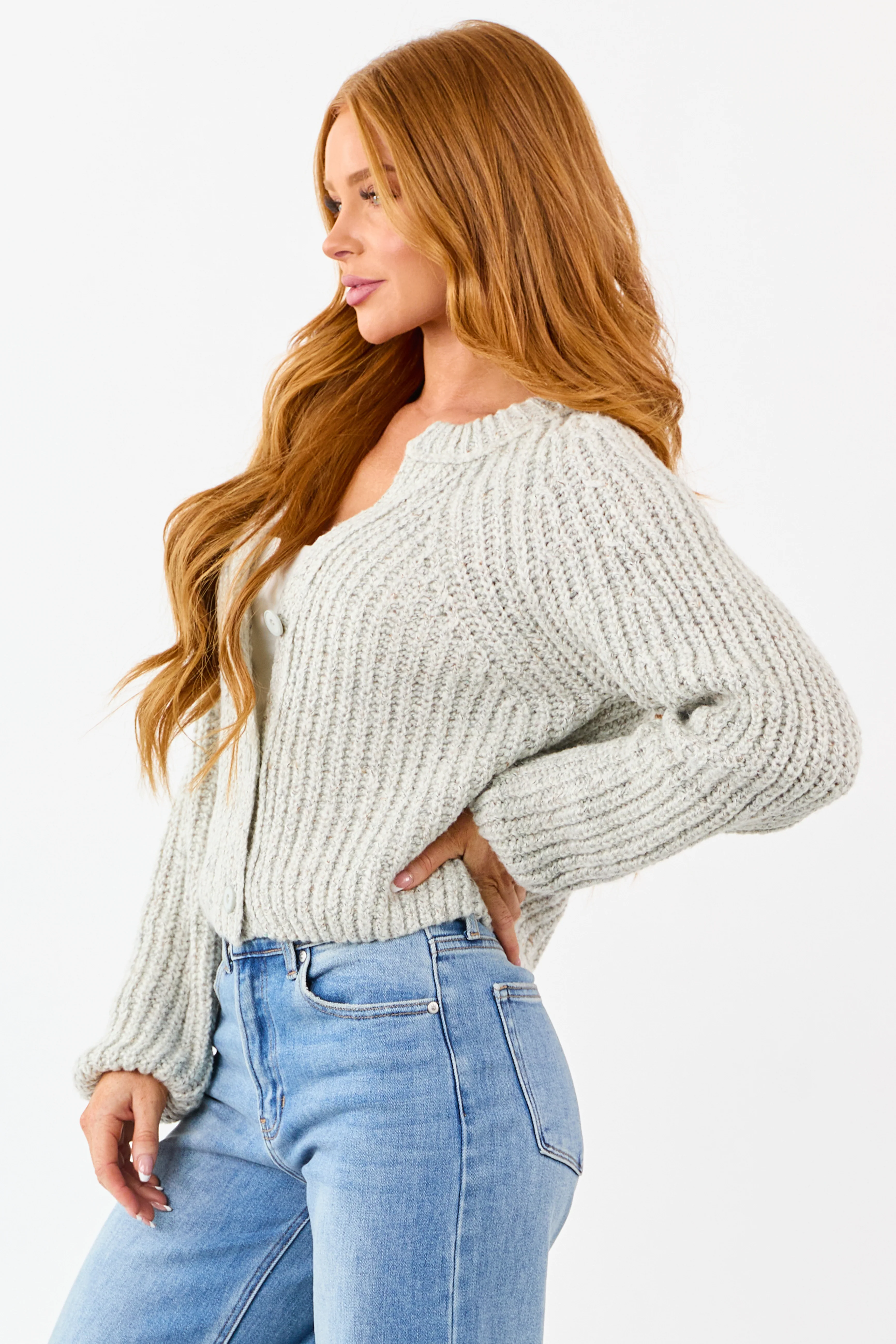 Cloud Grey Ribbed Knit Button Up Cardigan - Image 6