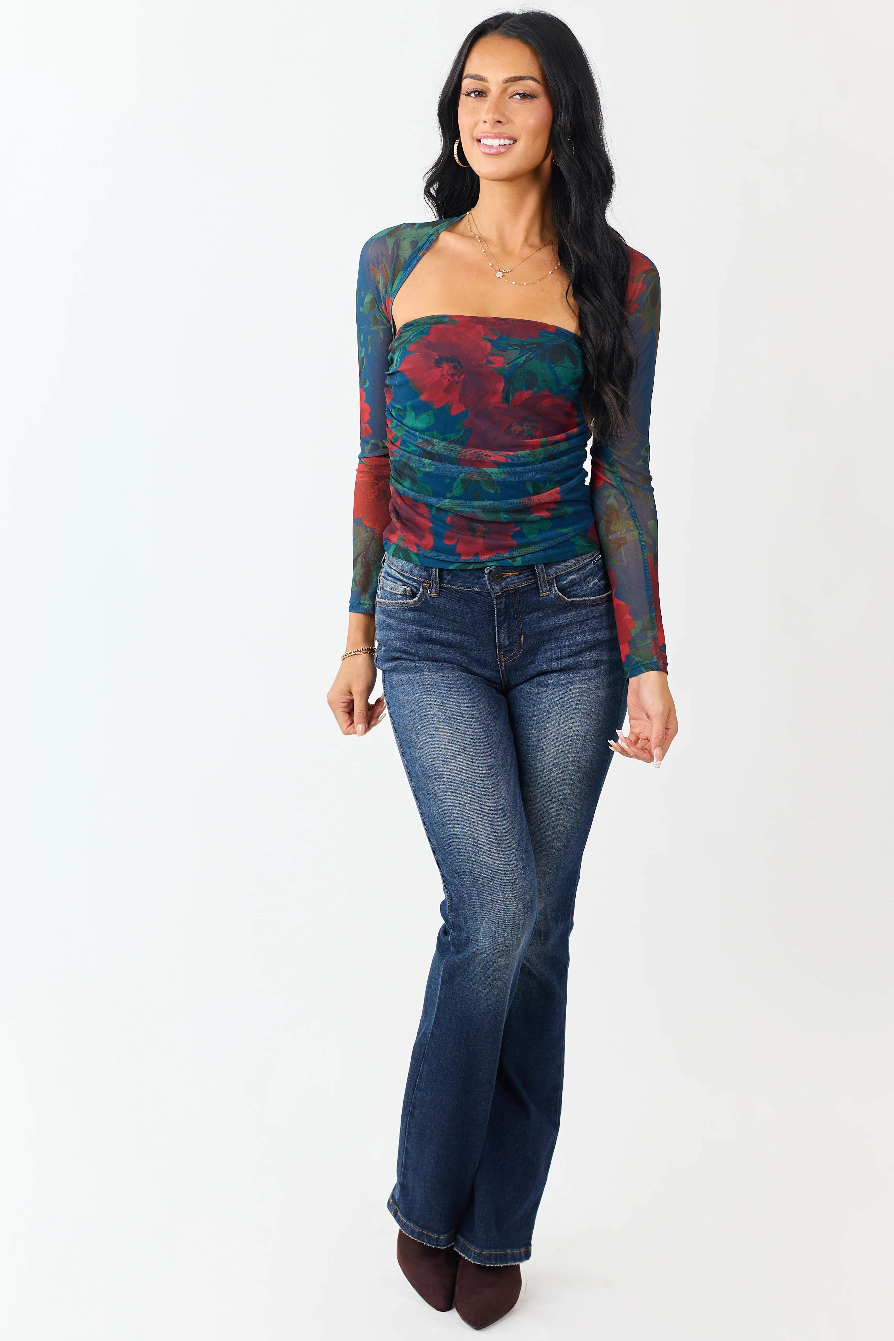 Cobalt Floral Print Long Sleeve Ruched Top - Image 3
