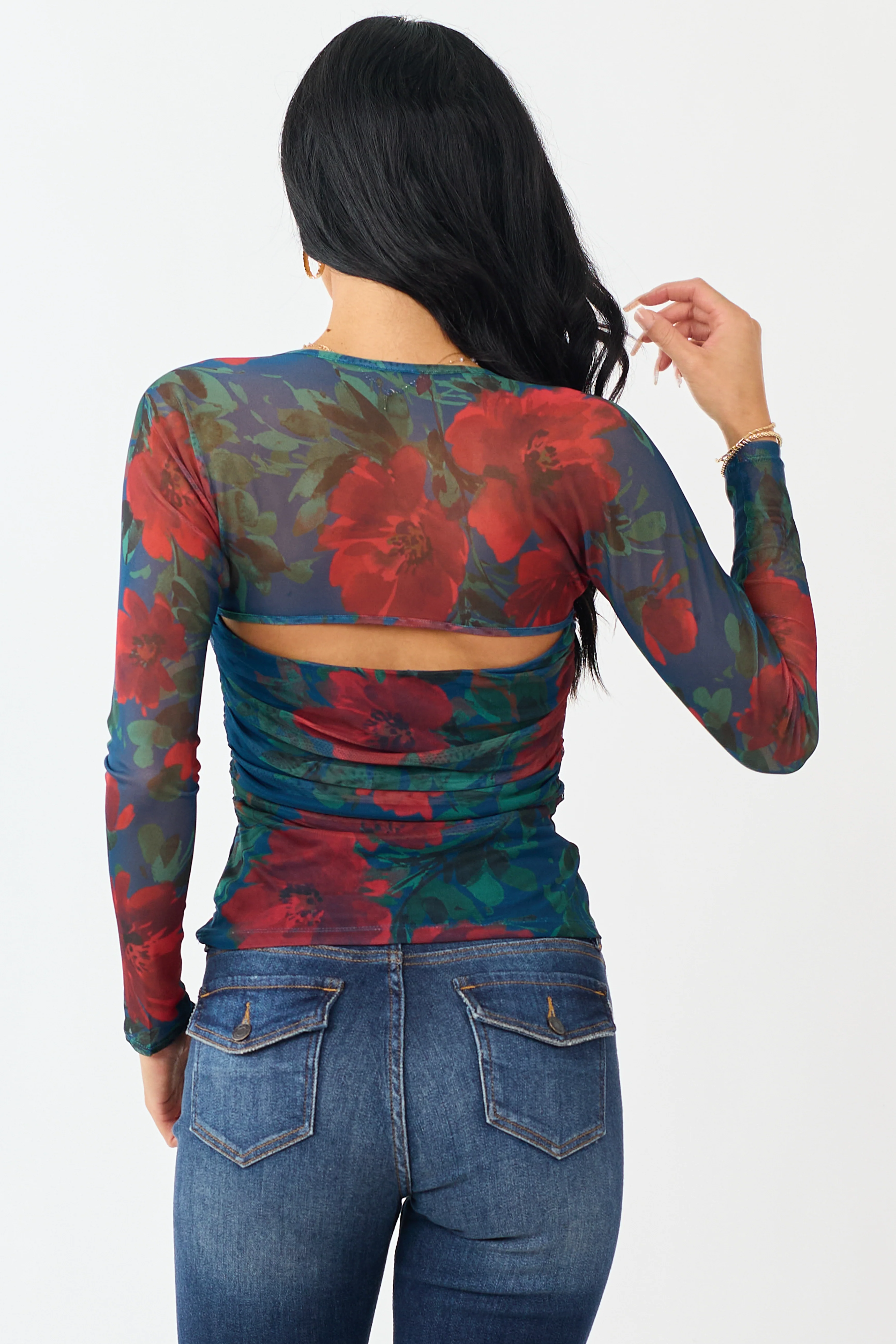 Cobalt Floral Print Long Sleeve Ruched Top - Image 6