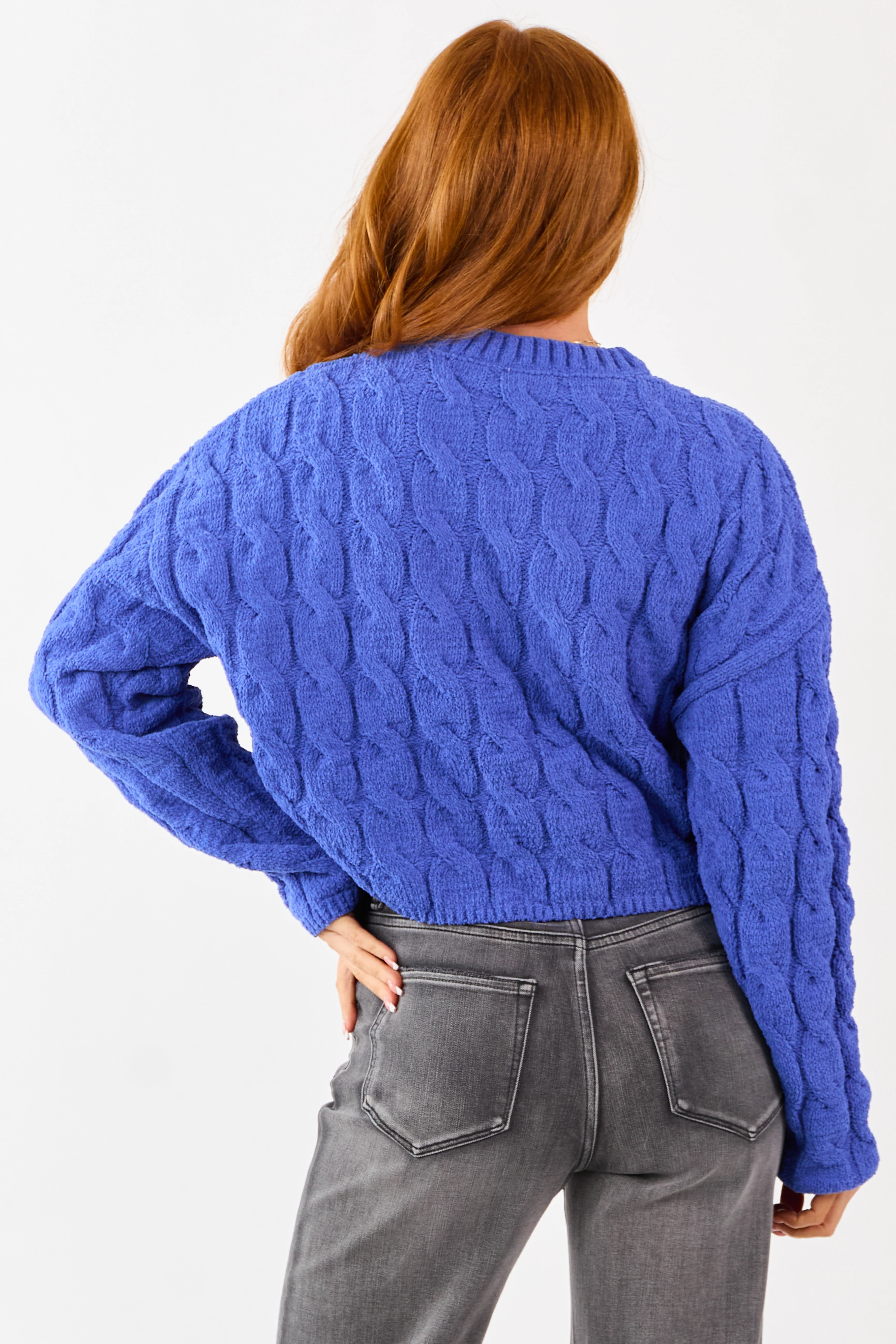 Cobalt Semi Cropped Chenille Cable Knit Sweater - Image 5