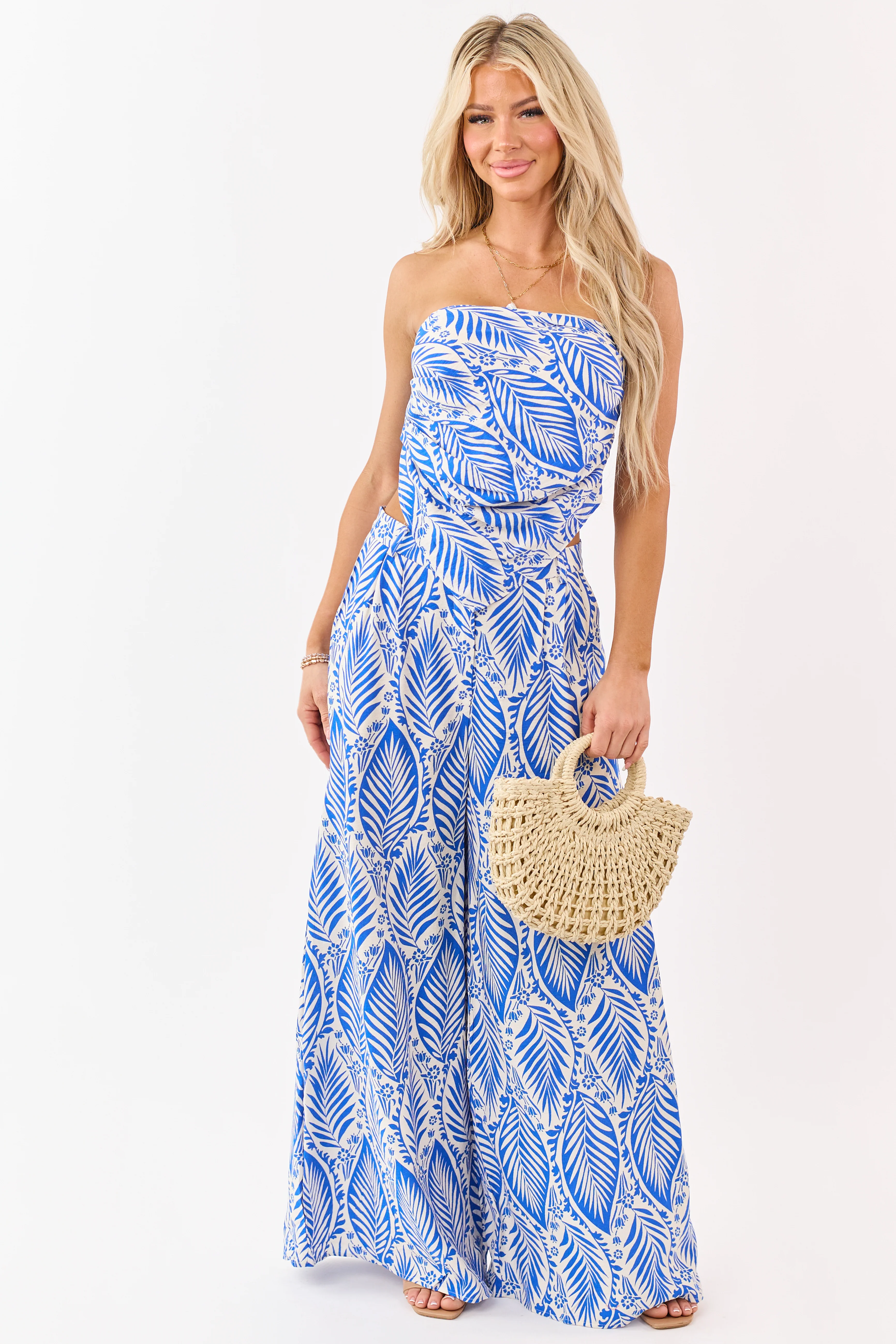 Cobalt Tropical Print Crop Top and Pant Set - Image 2
