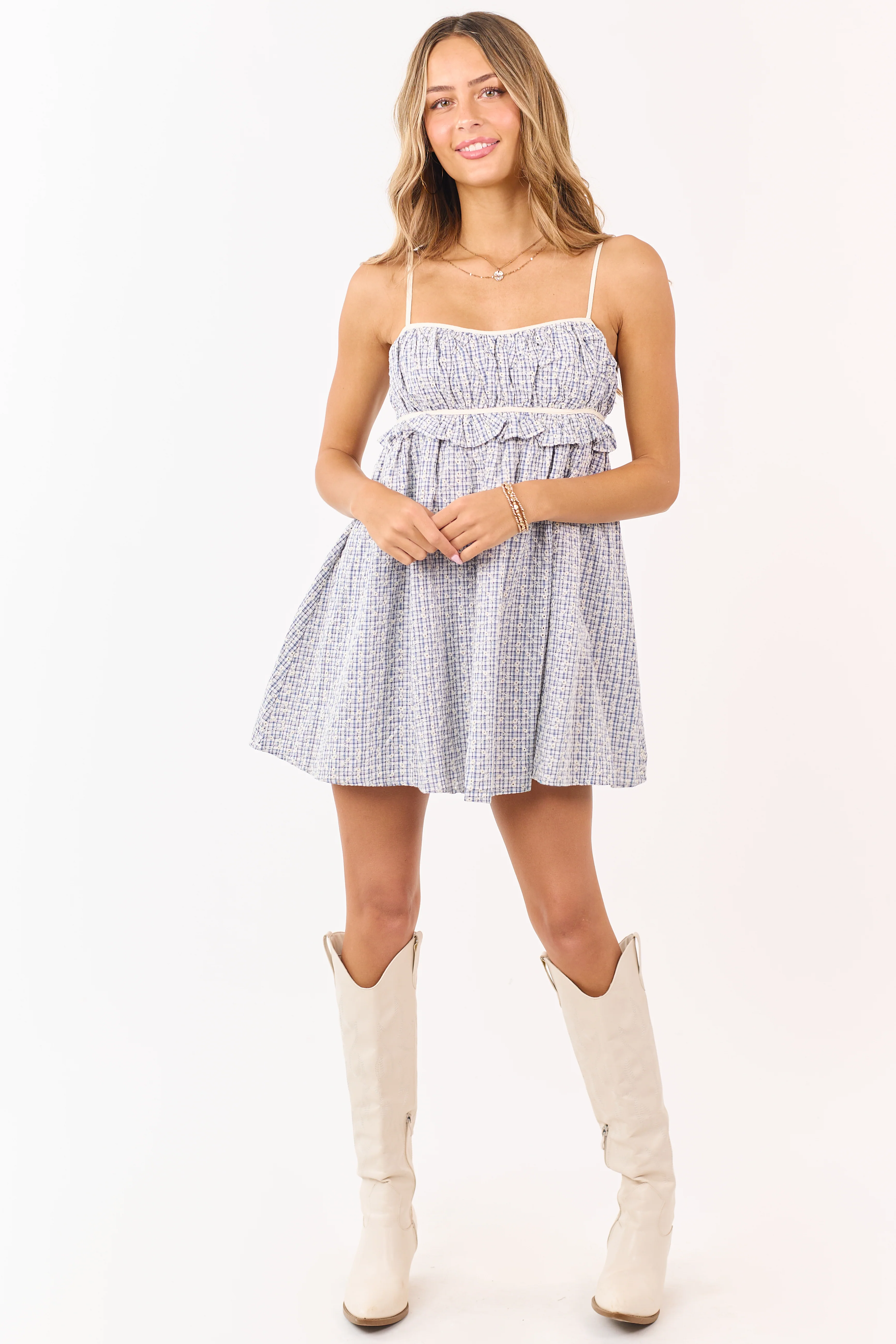 Cobalt and White Plaid Cotton Babydoll Mini Dress - Image 2