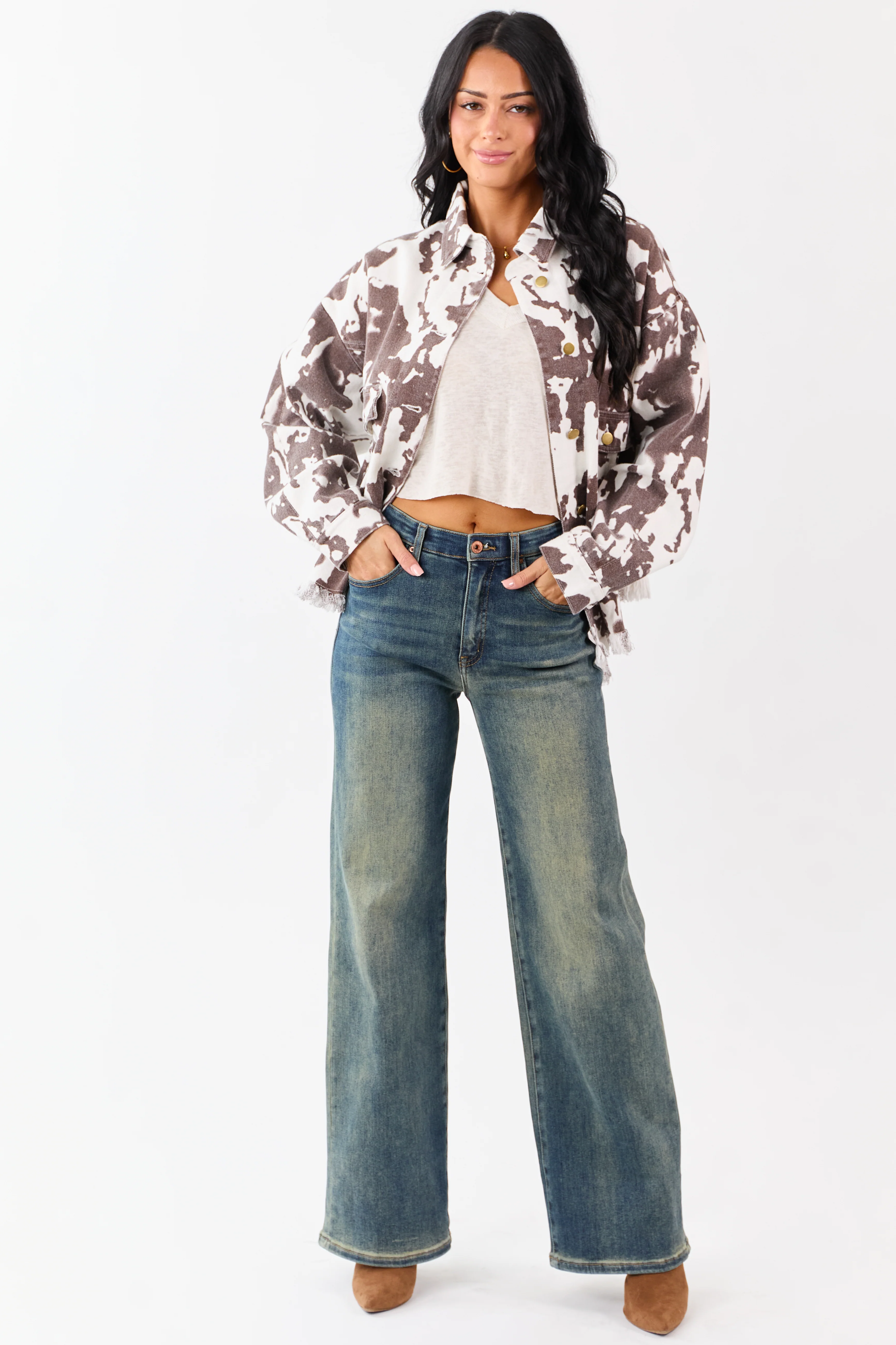 Cocoa Cow Print Denim Fringe Hem Button Down Shacket - Image 2