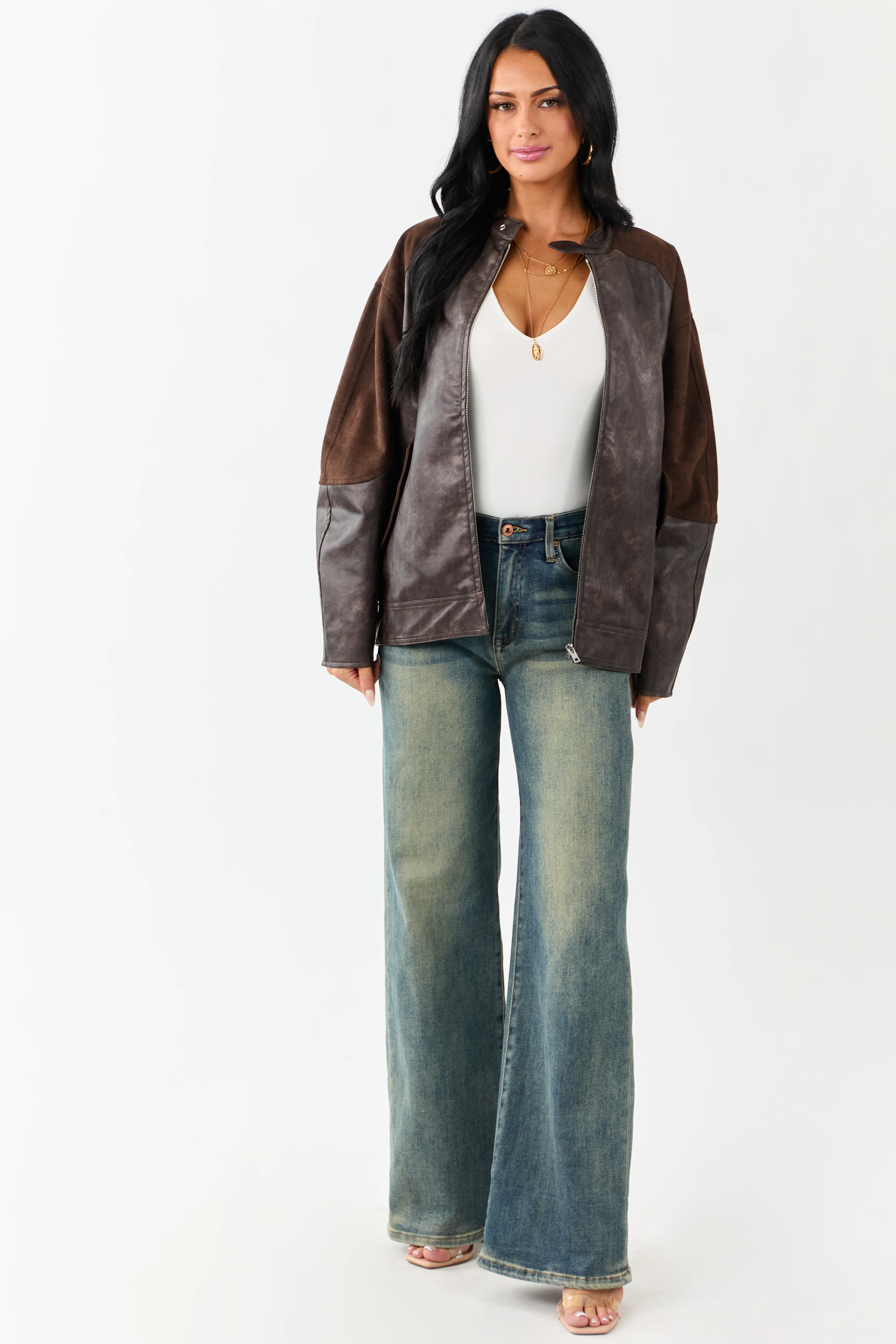 Cocoa Faux Leather Barrel Sleeve Zip Up Jacket - Image 4