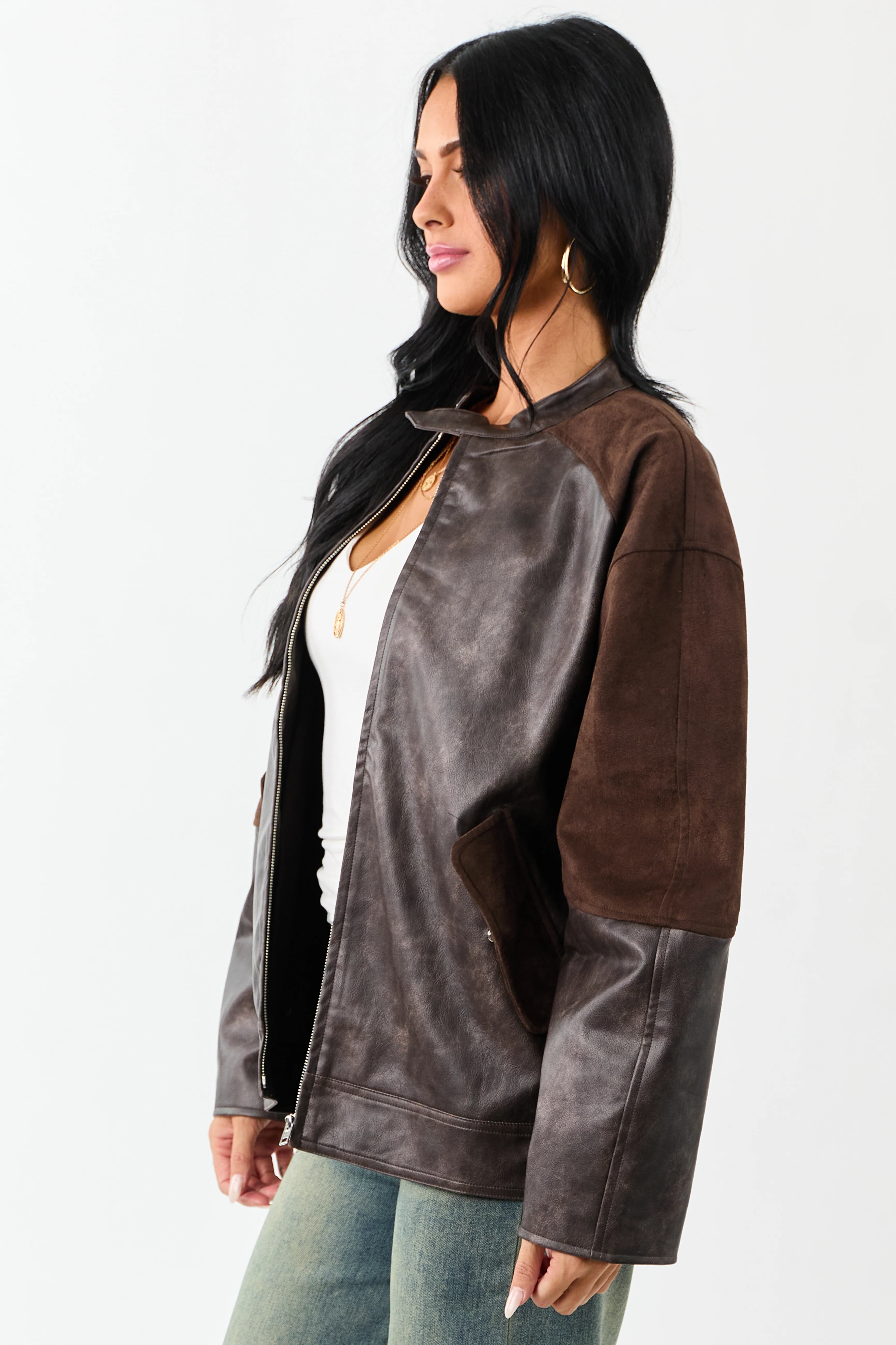 Cocoa Faux Leather Barrel Sleeve Zip Up Jacket - Image 6