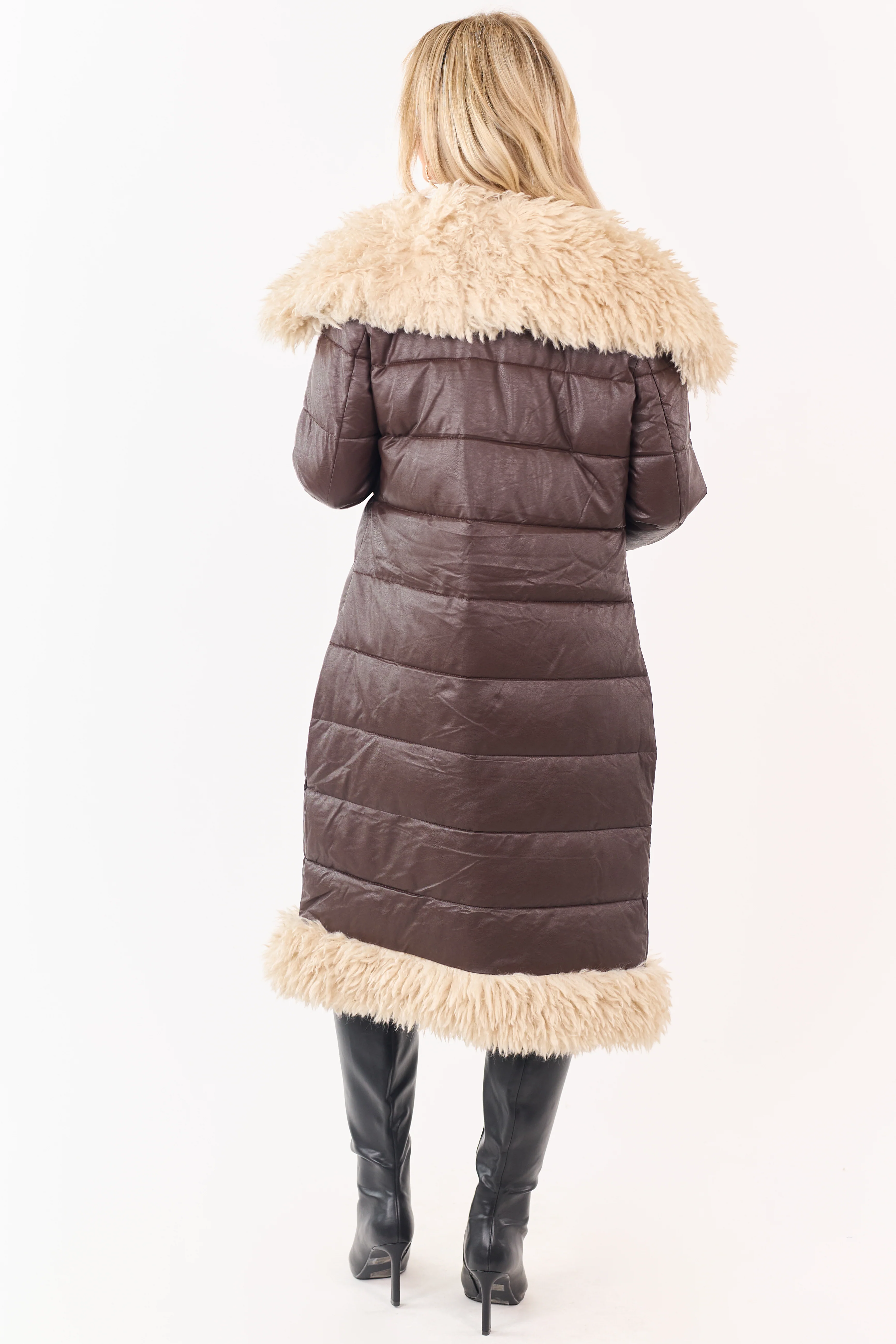 Cocoa Longline Puffer Coat with Contrast Fur Trim - Image 7