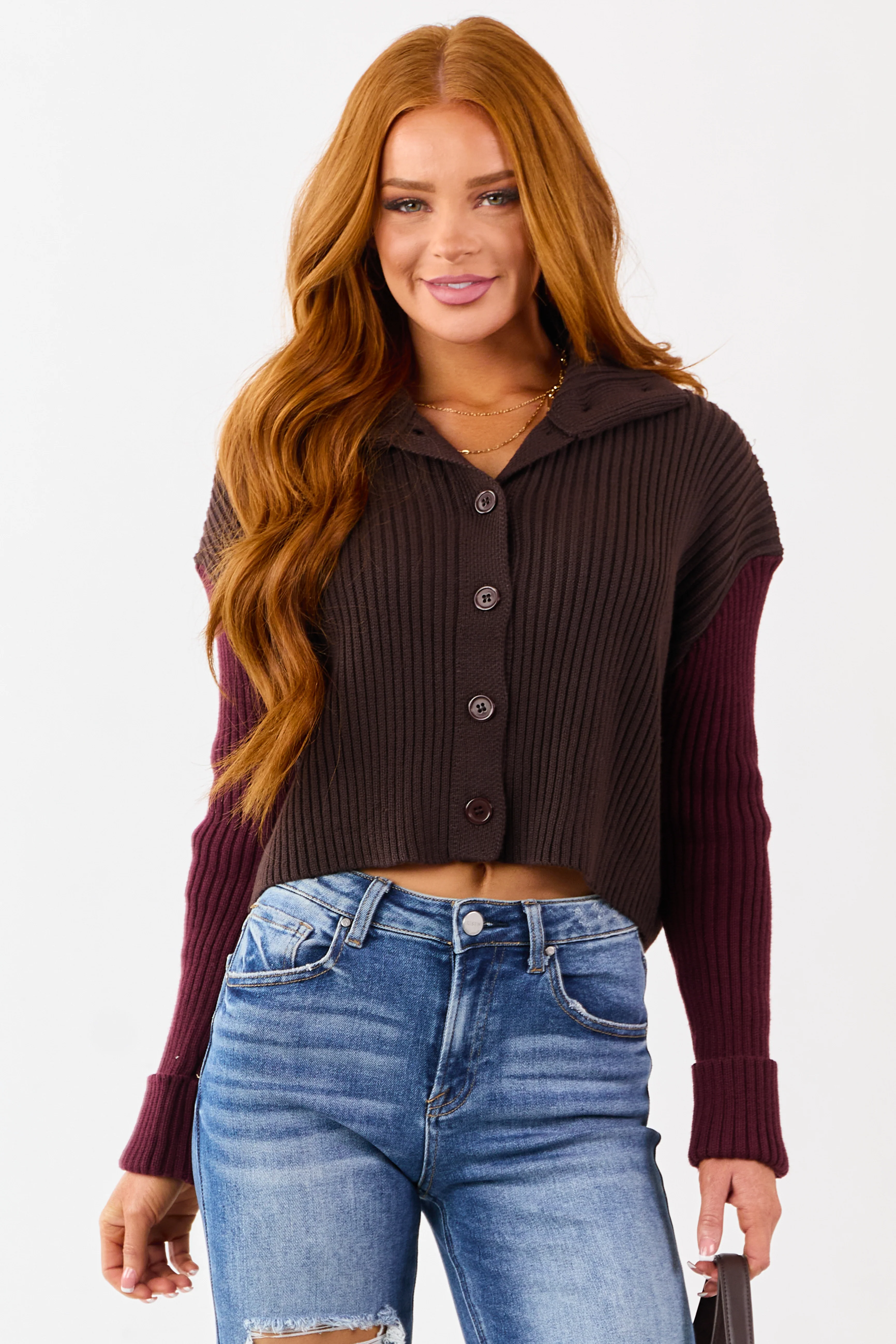 Cocoa and Maroon Contrast Sleeve Sweater Cardigan