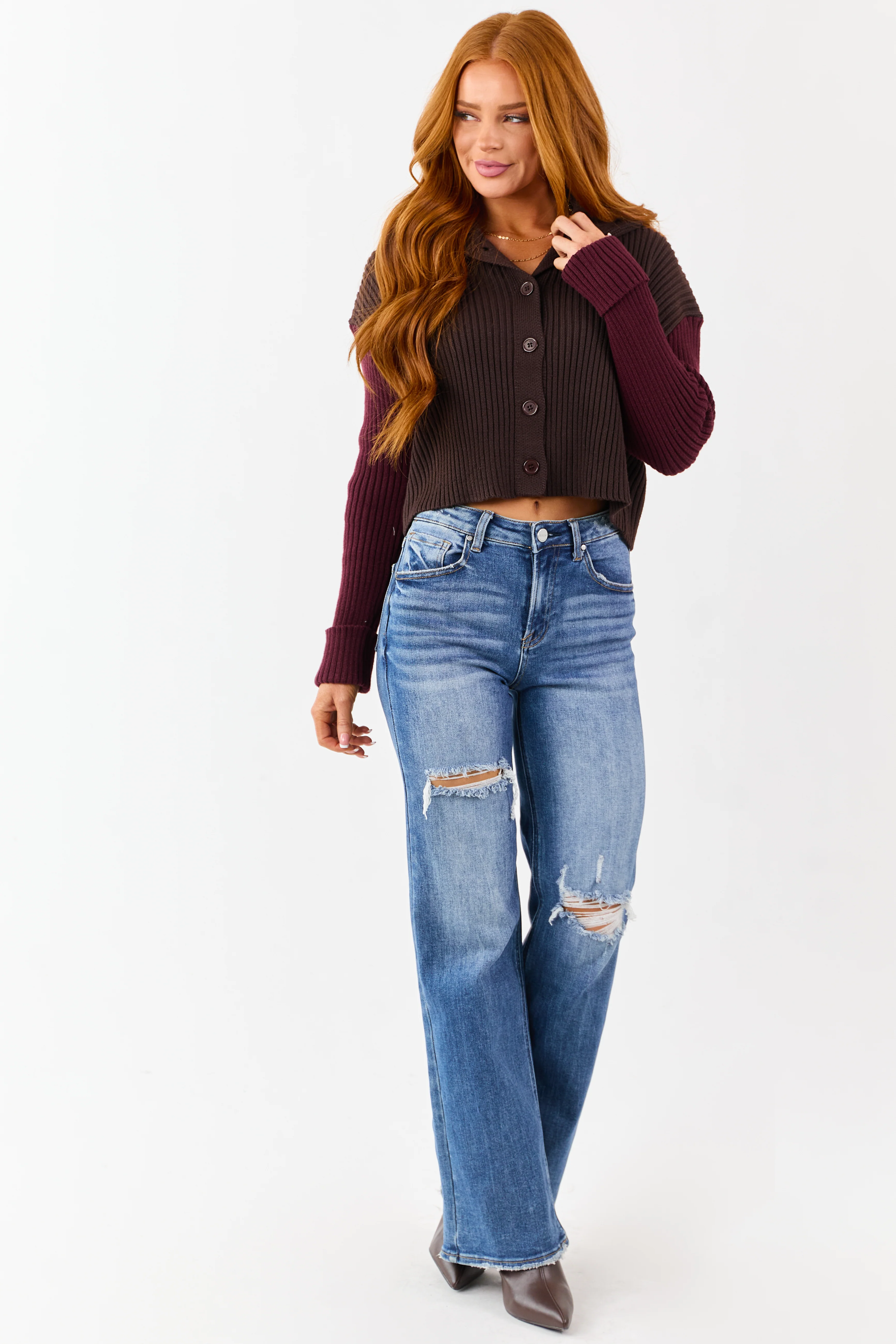 Cocoa and Maroon Contrast Sleeve Sweater Cardigan - Image 2
