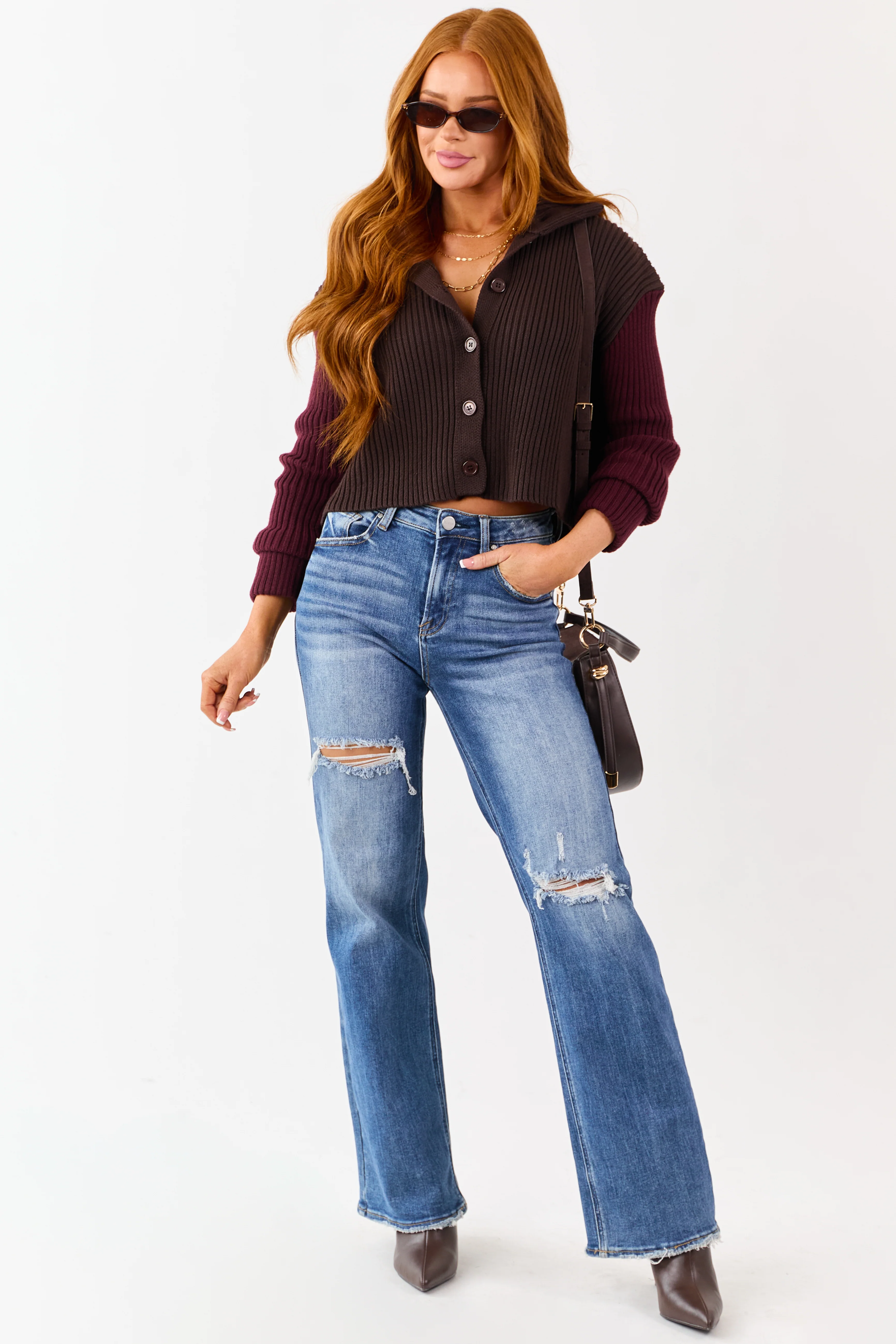 Cocoa and Maroon Contrast Sleeve Sweater Cardigan - Image 4
