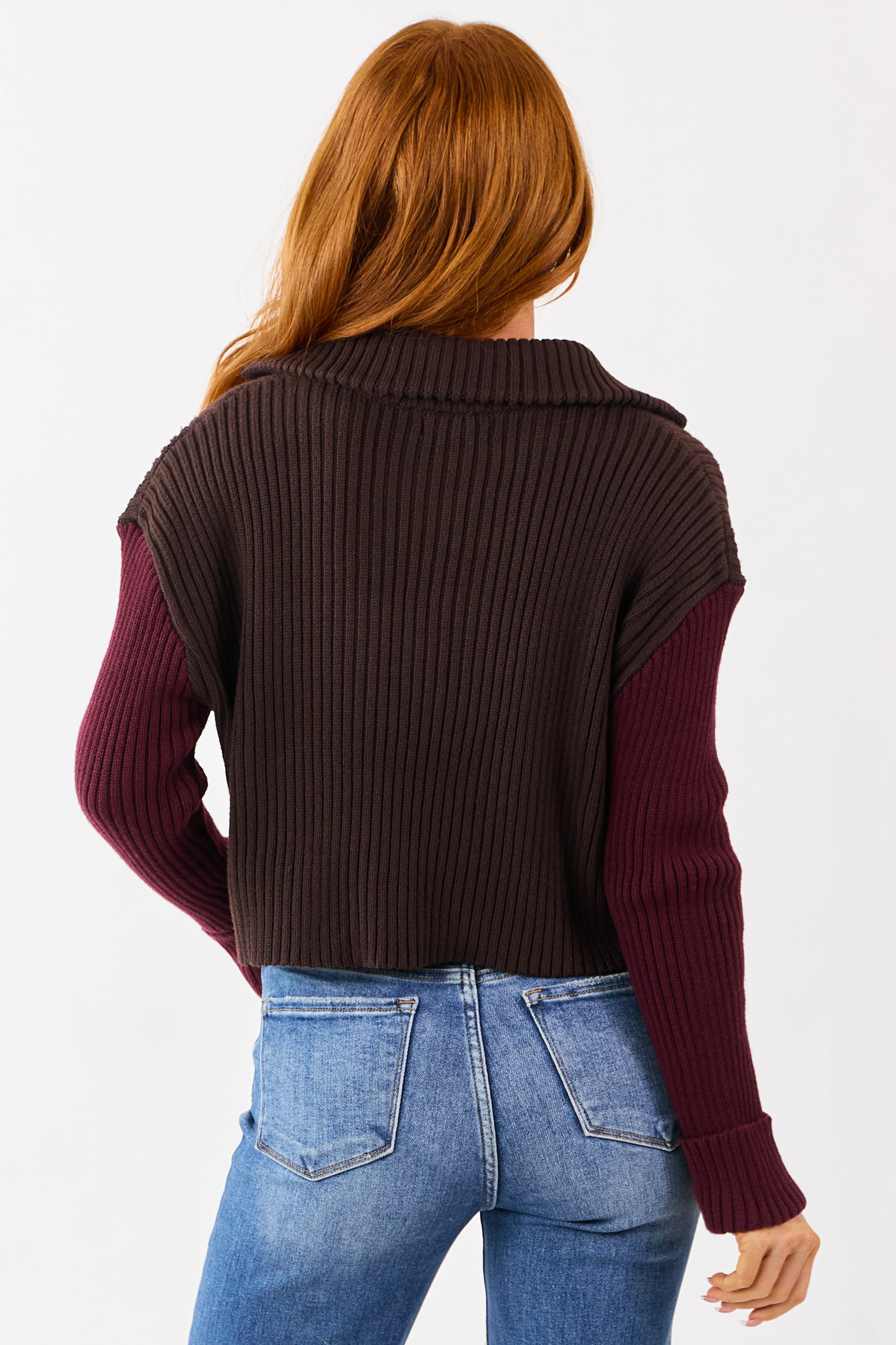 Cocoa and Maroon Contrast Sleeve Sweater Cardigan - Image 6