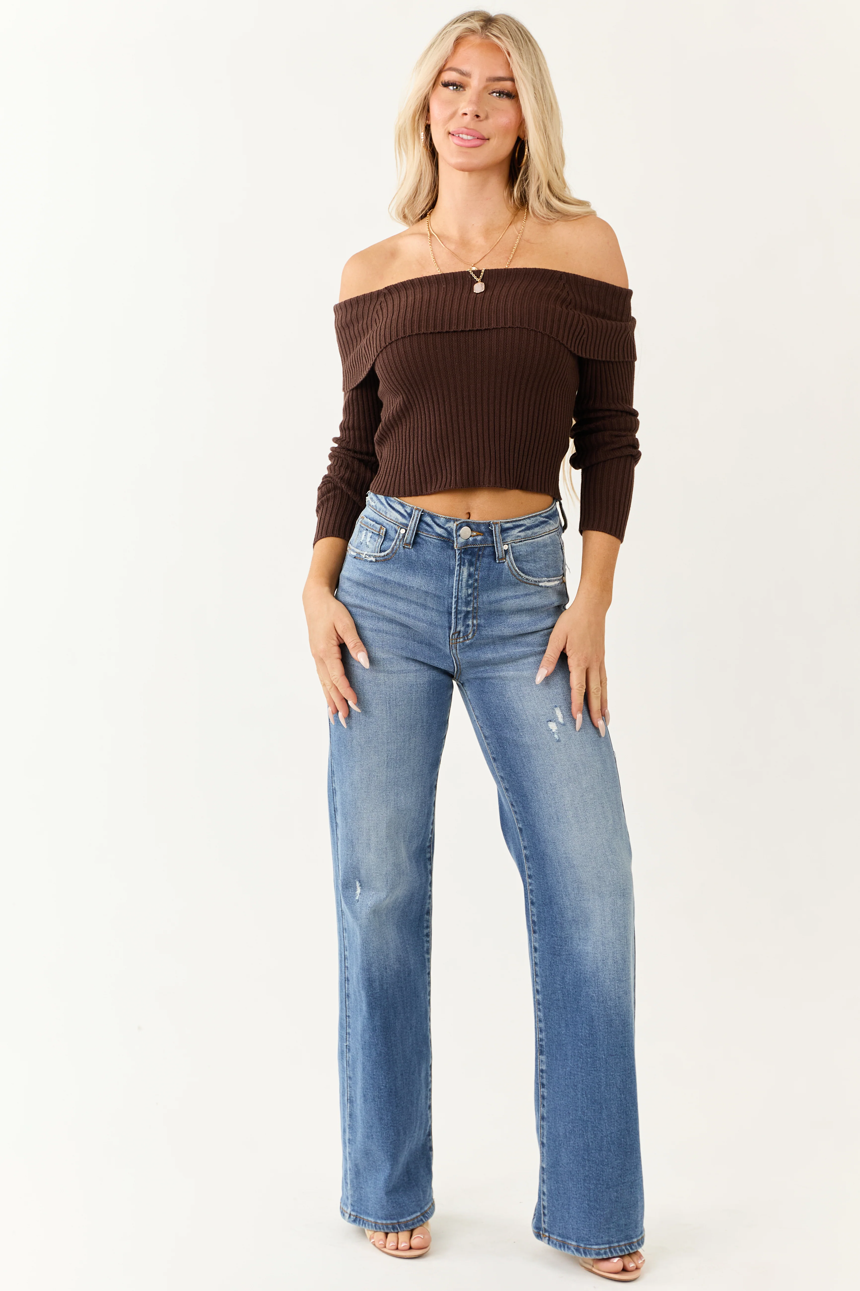 Cocoa Off Shoulder Ribbed Knit Sweater Top - Image 4