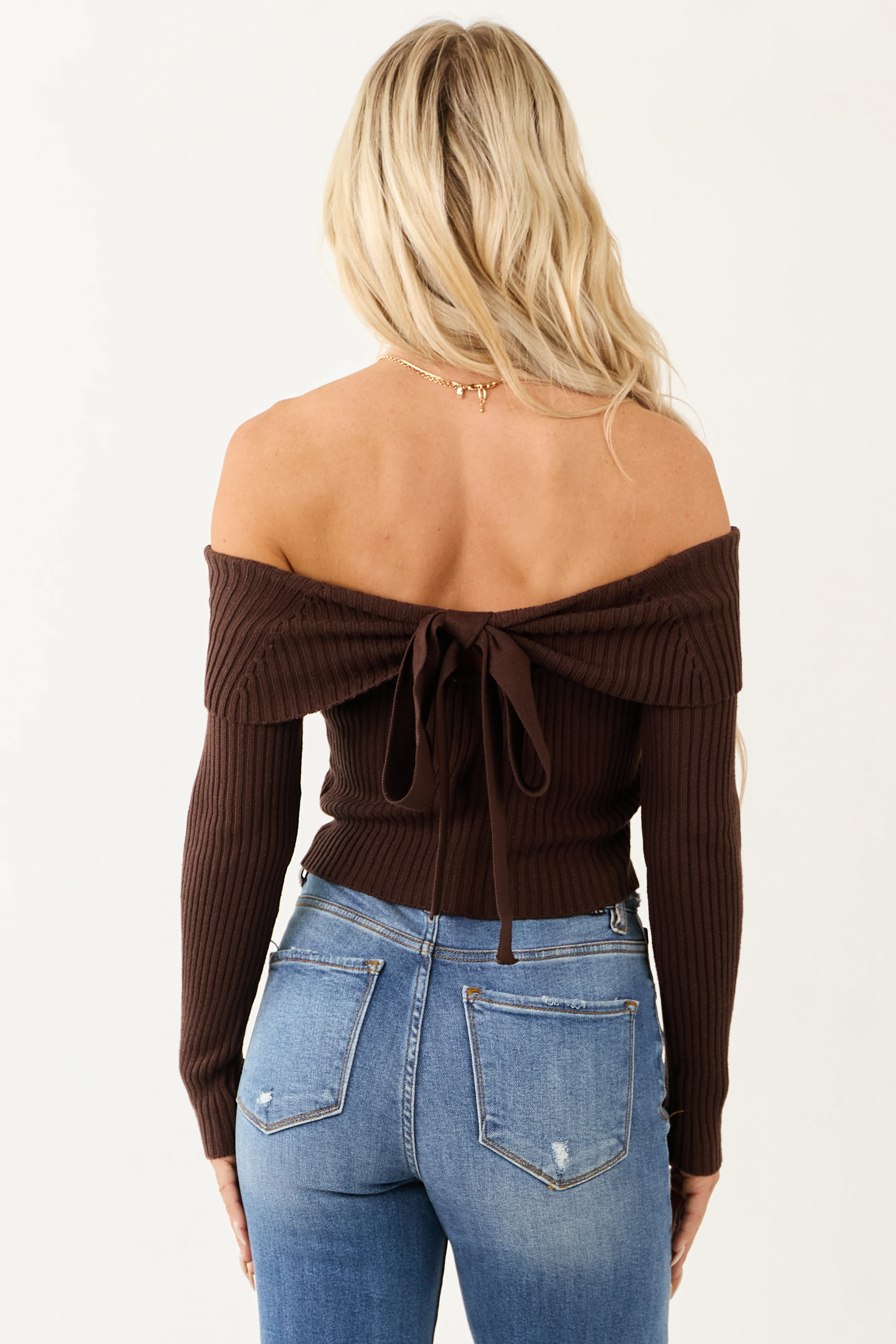 Cocoa Off Shoulder Ribbed Knit Sweater Top - Image 8