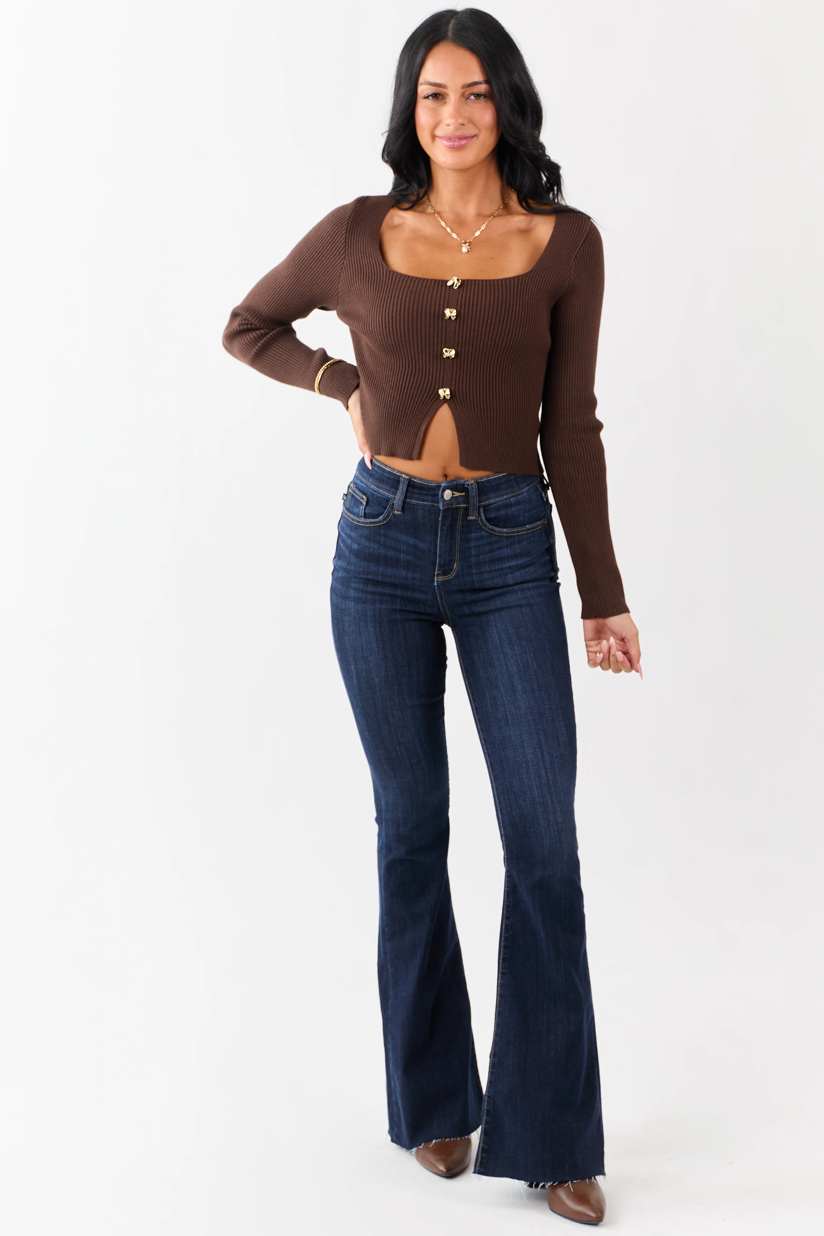 Cocoa Square Neck Faux Button Front Sweater Top - Image 2