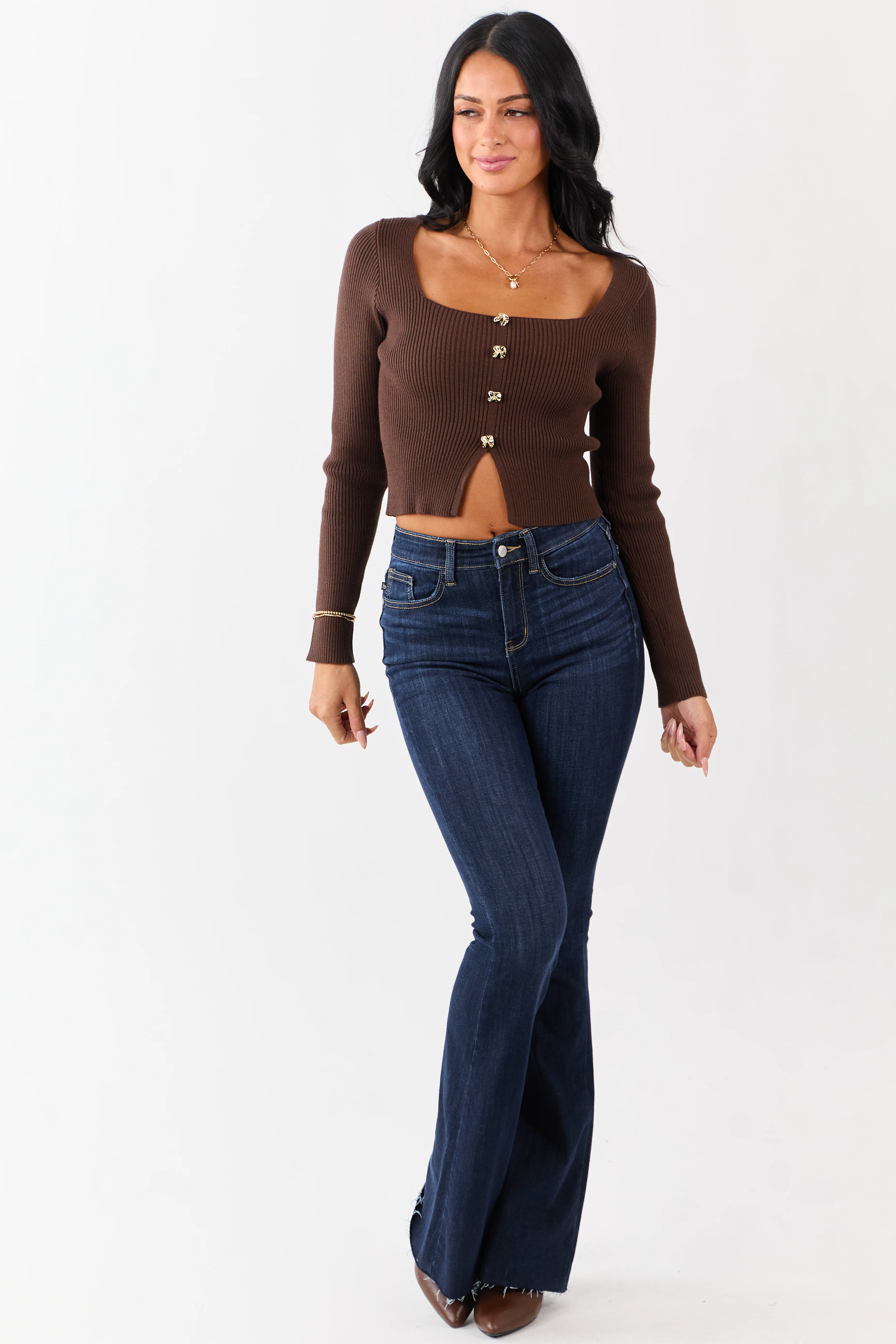 Cocoa Square Neck Faux Button Front Sweater Top - Image 3