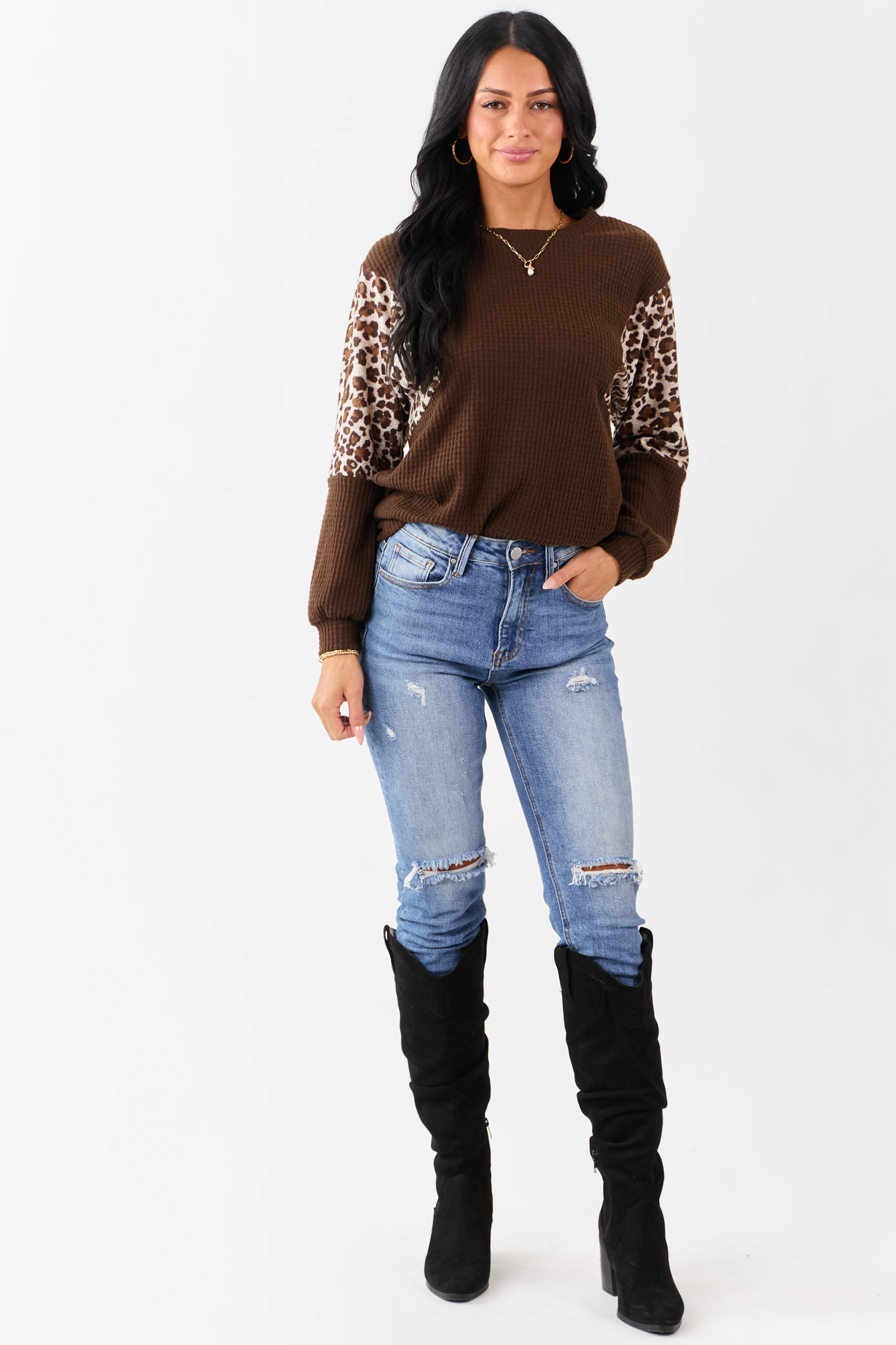 Cocoa Waffle Knit Contrast Leopard Print Sweater - Image 2